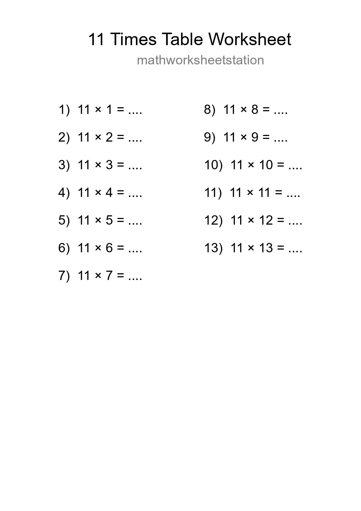 11 Times Table Worksheet For Grade 4 - Part 79