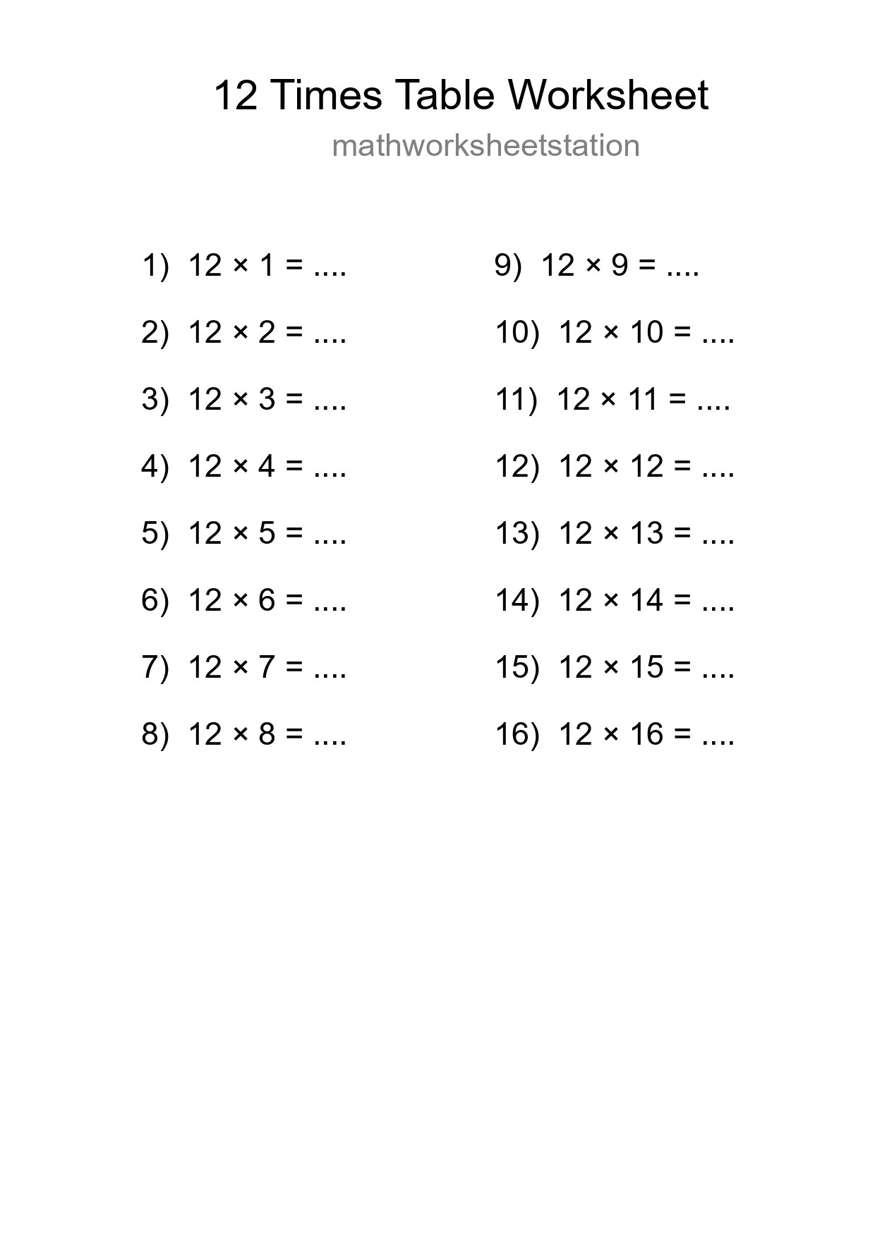 12 Times Table Worksheet For Grade 4 - Part 209