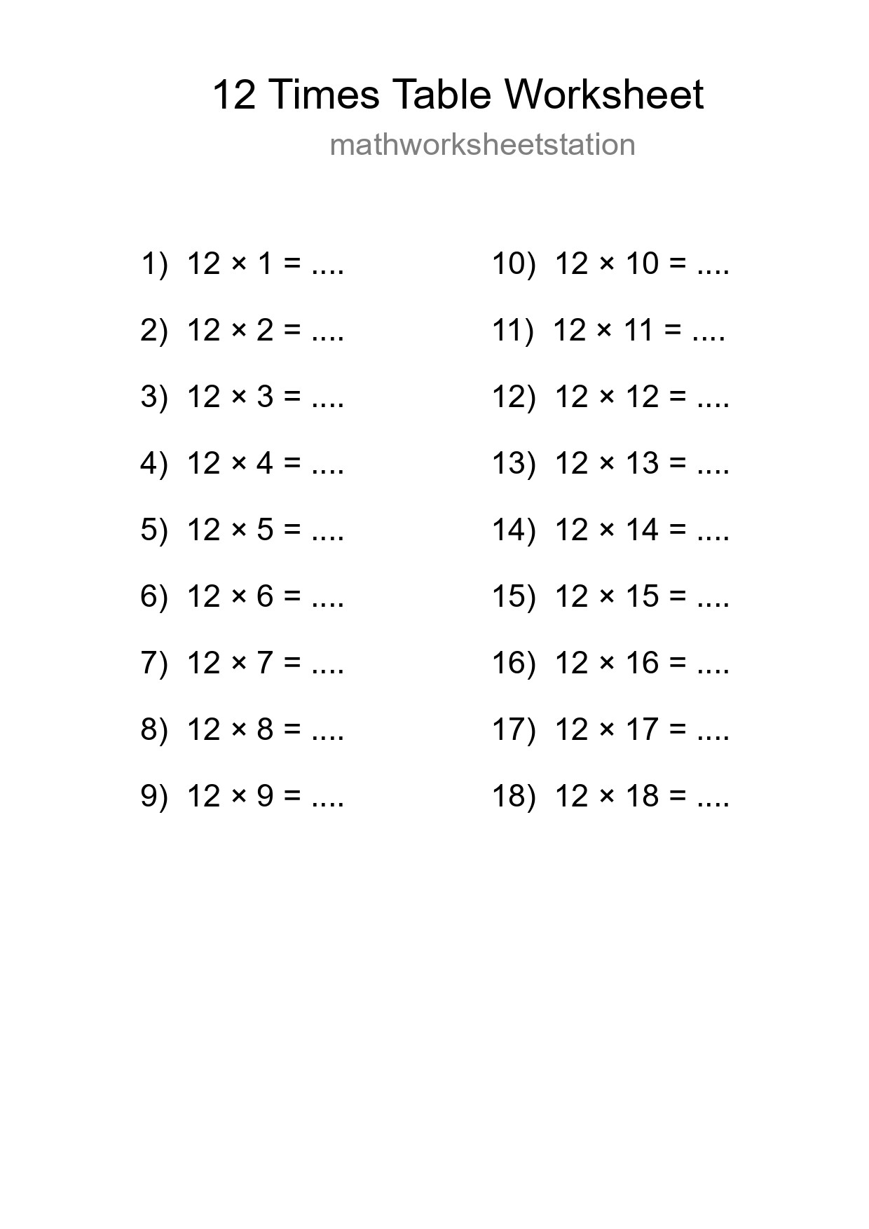 12 Times Table Worksheet For Grade 4 With Answers - Part 259