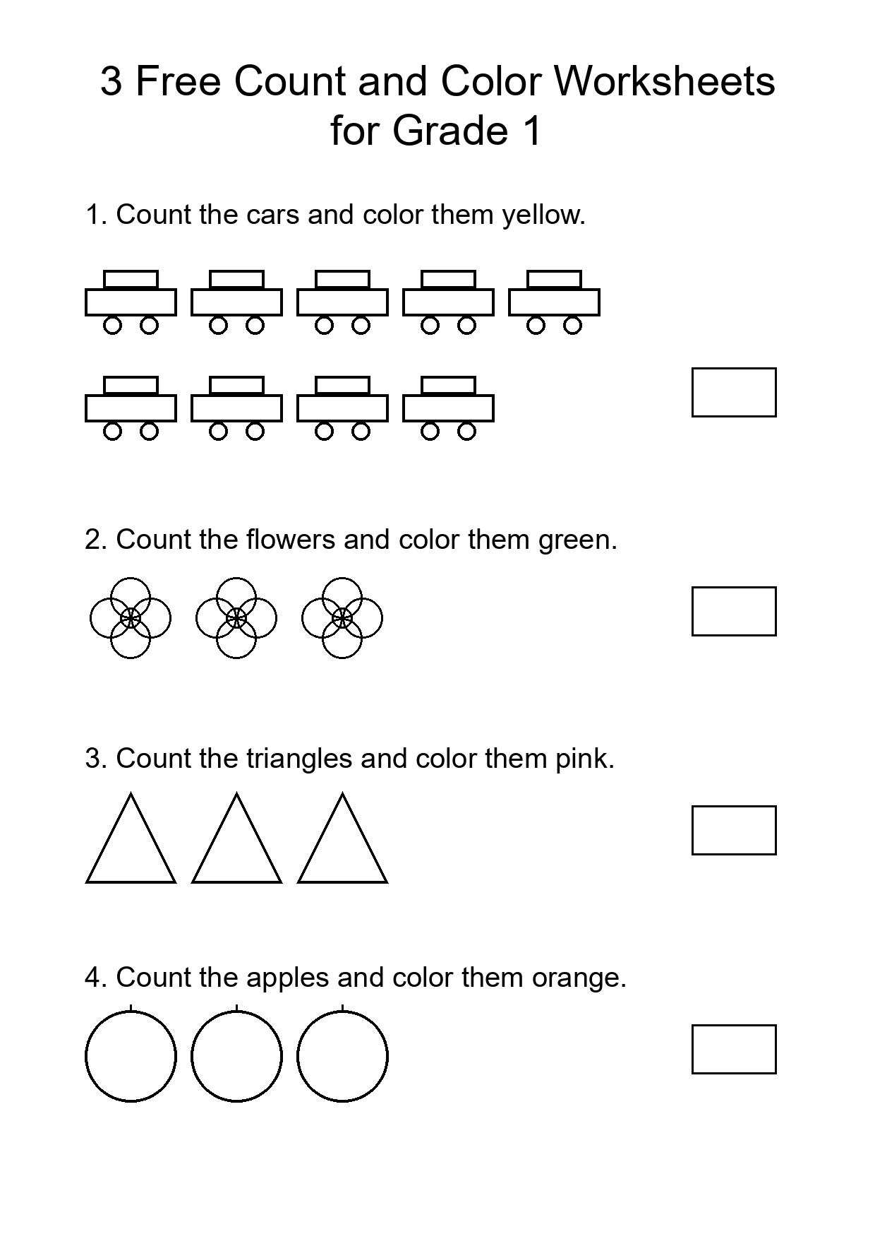 3 Free Count and Color Worksheets for Grade 1