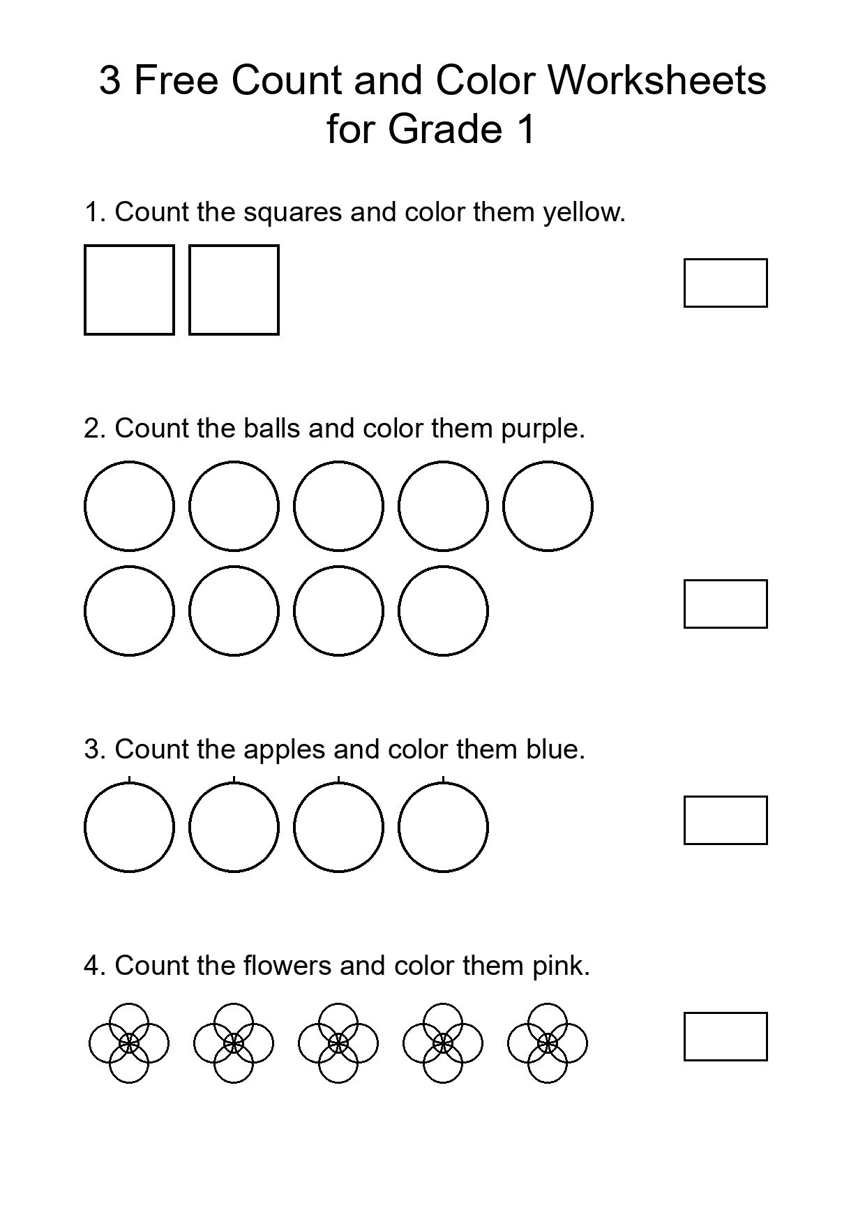 3 Free Count and Color Worksheets for Grade 1
