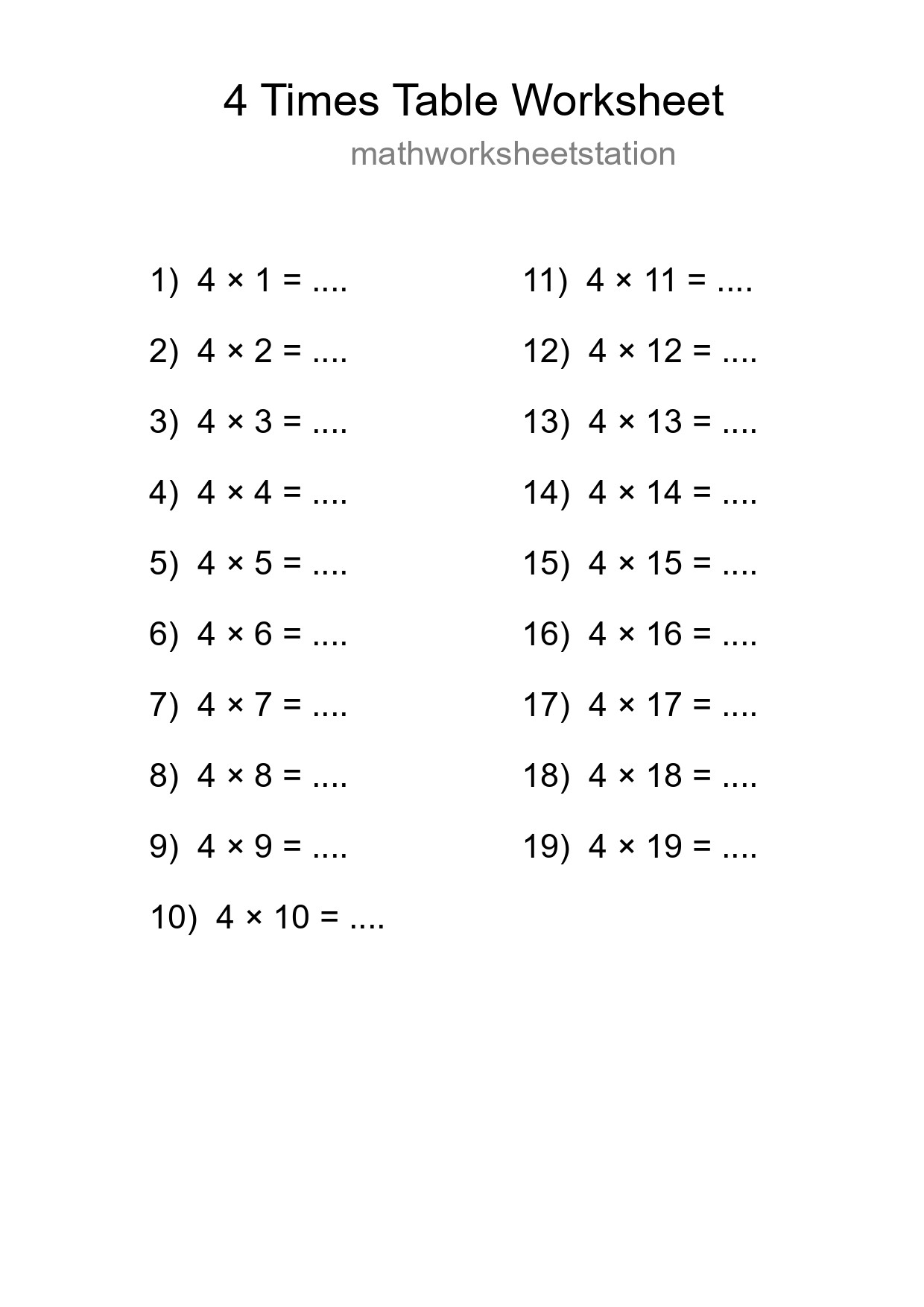 4 Times Table Worksheet For Grade 2 With Answers - Part 269