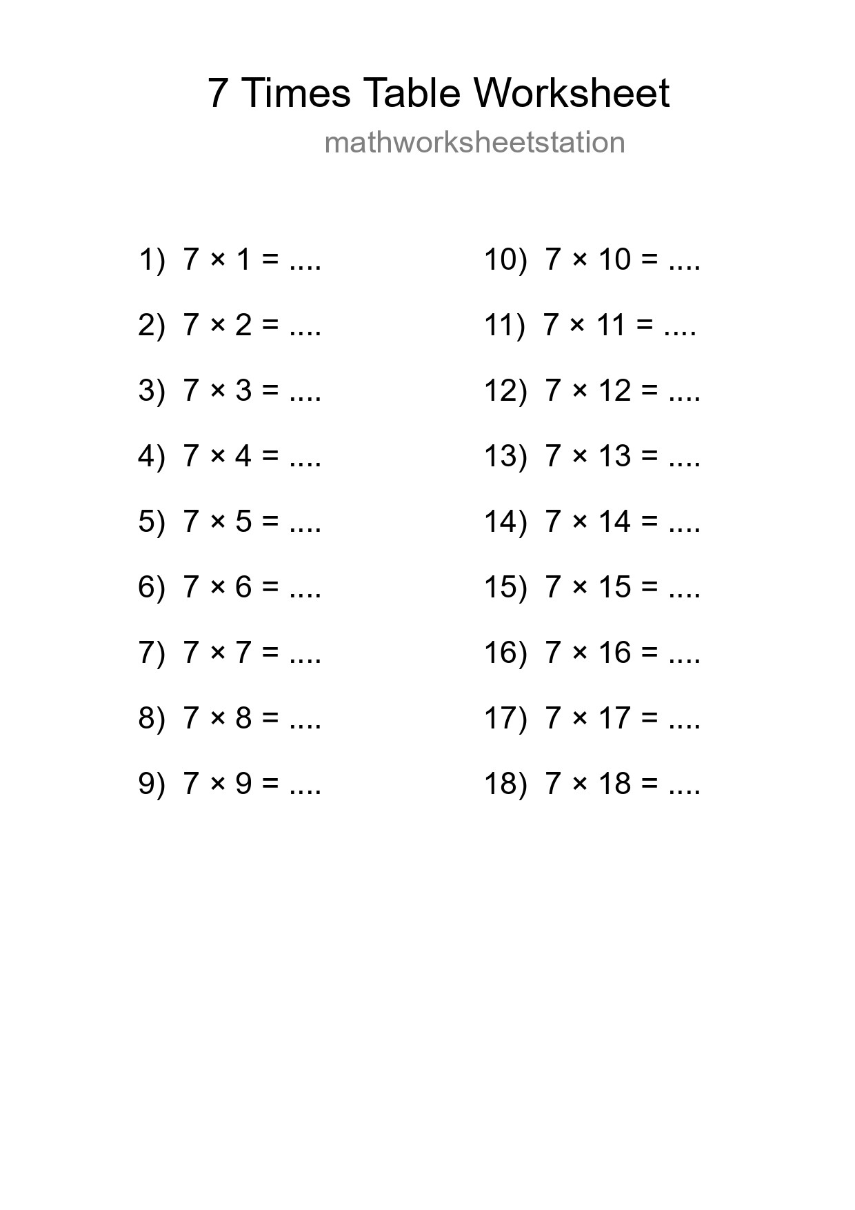 7 Times Table Worksheet For Grade 3 With Answers - Part 249