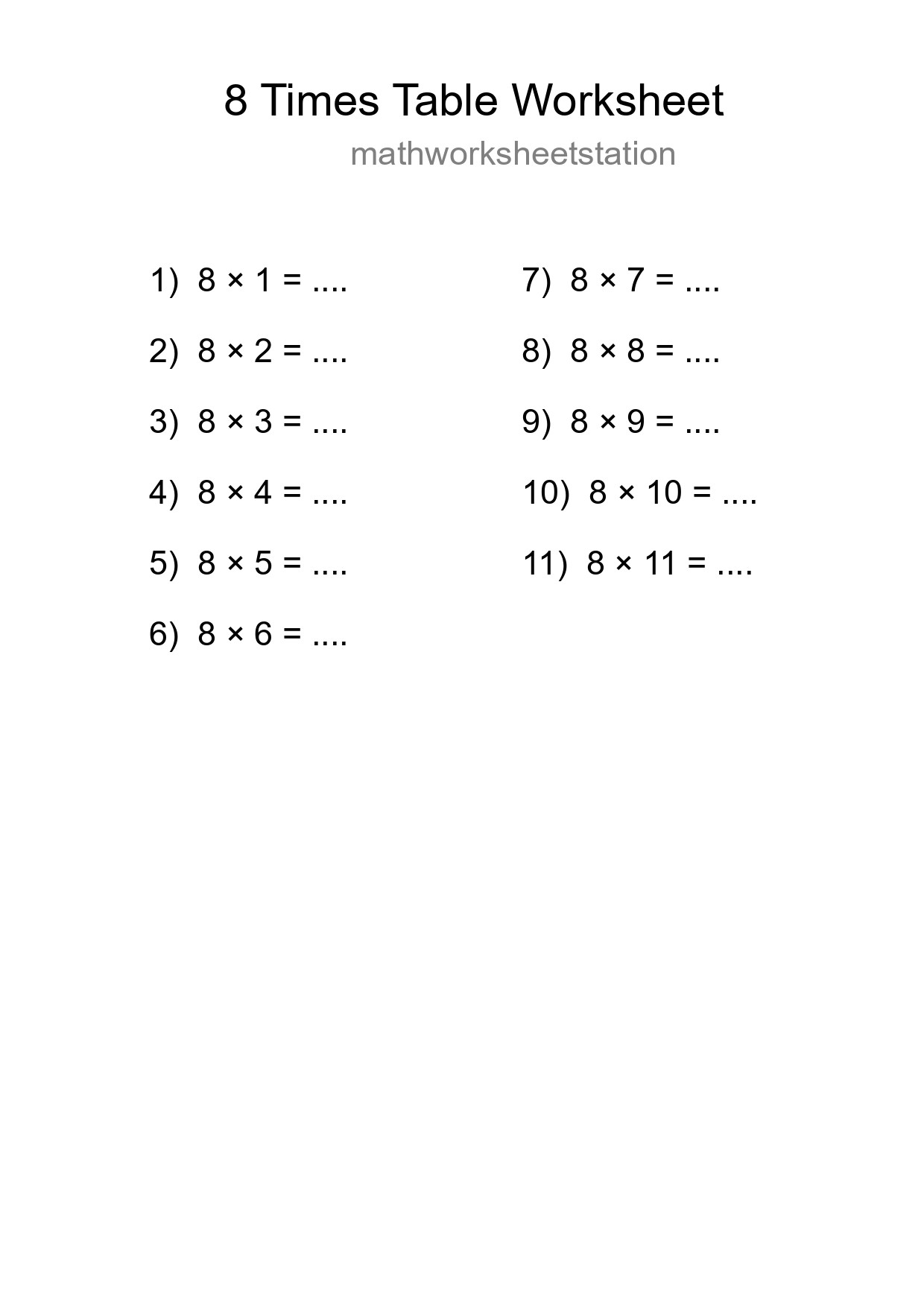 8 Times Table Worksheet For Grade 3 - Part 219