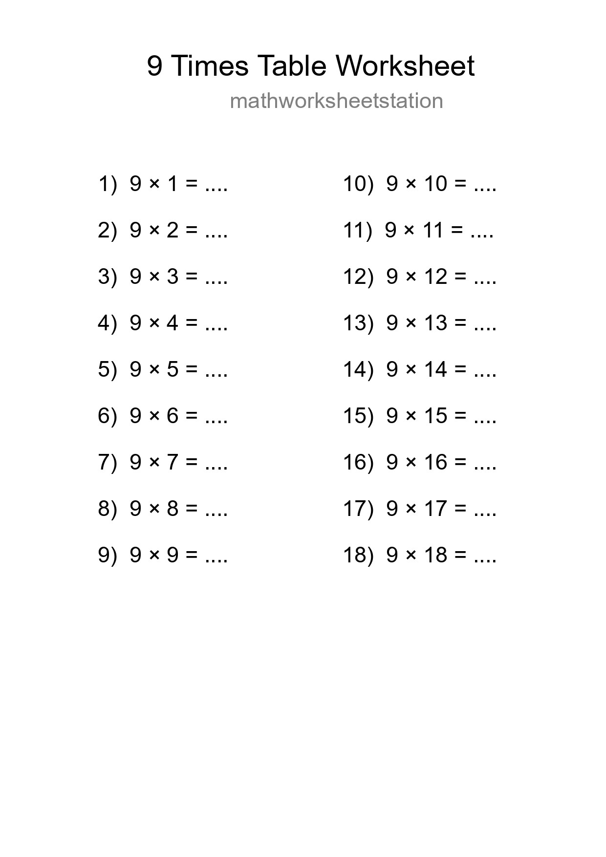 9 Times Table Worksheet For Grade 3 - Part 119