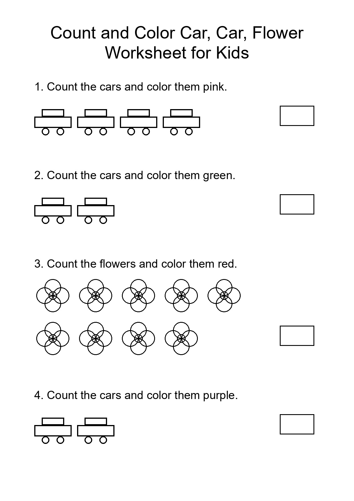 Count and Color Car, Car, Flower Worksheet for Kids