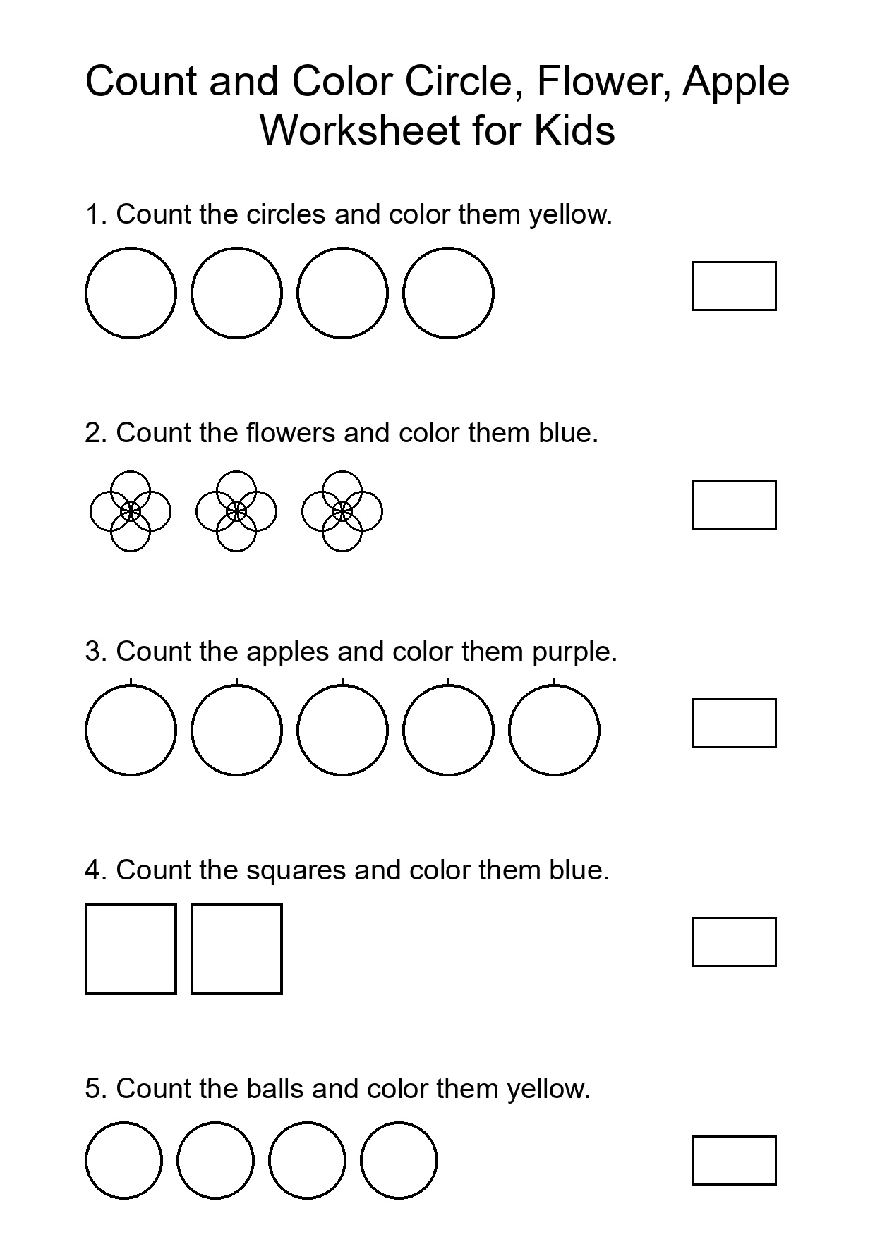 Count and Color Circle, Flower, Apple Worksheet for Kids