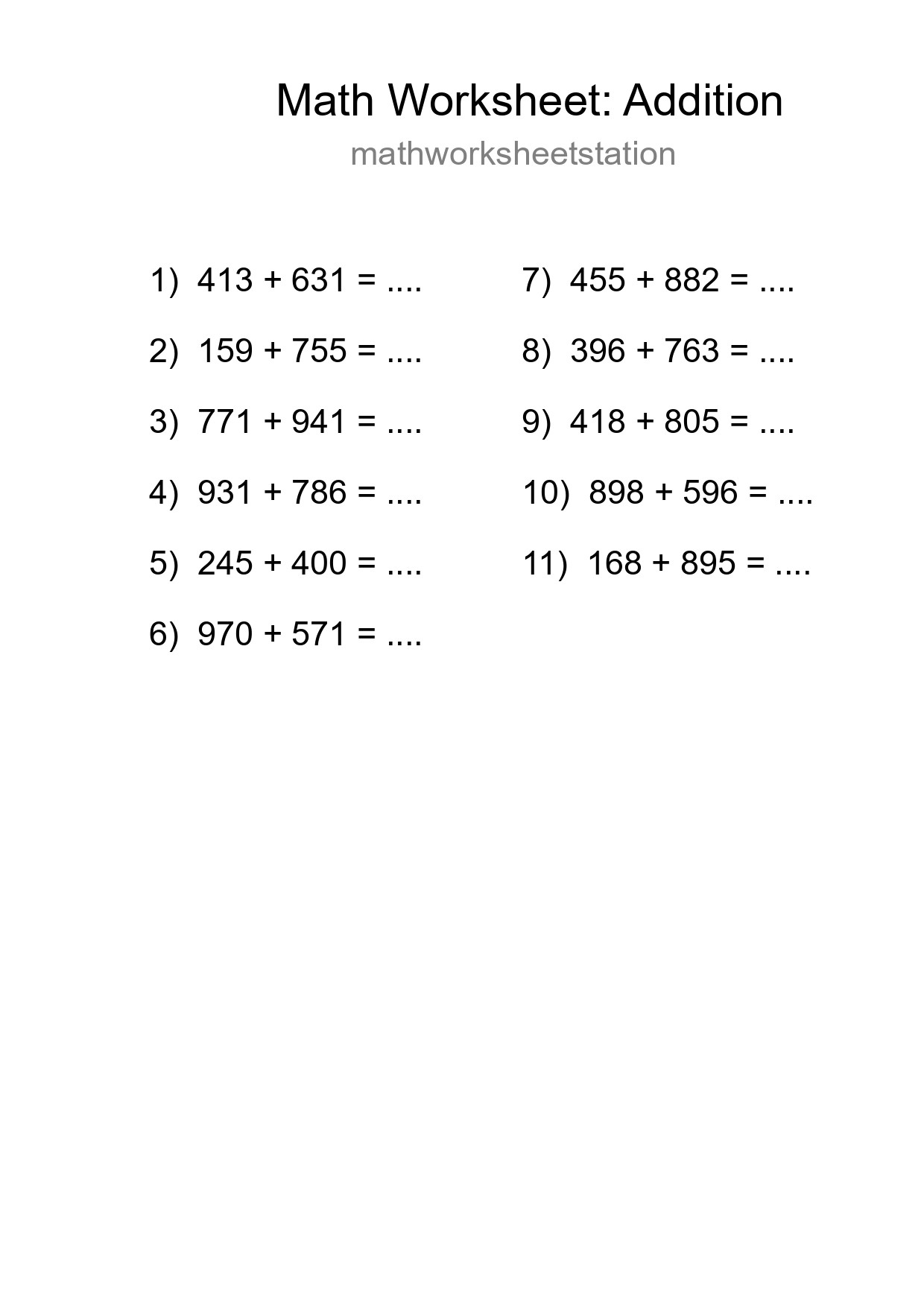 Free 11 Addition Math Worksheet For Grade 5 With Answers