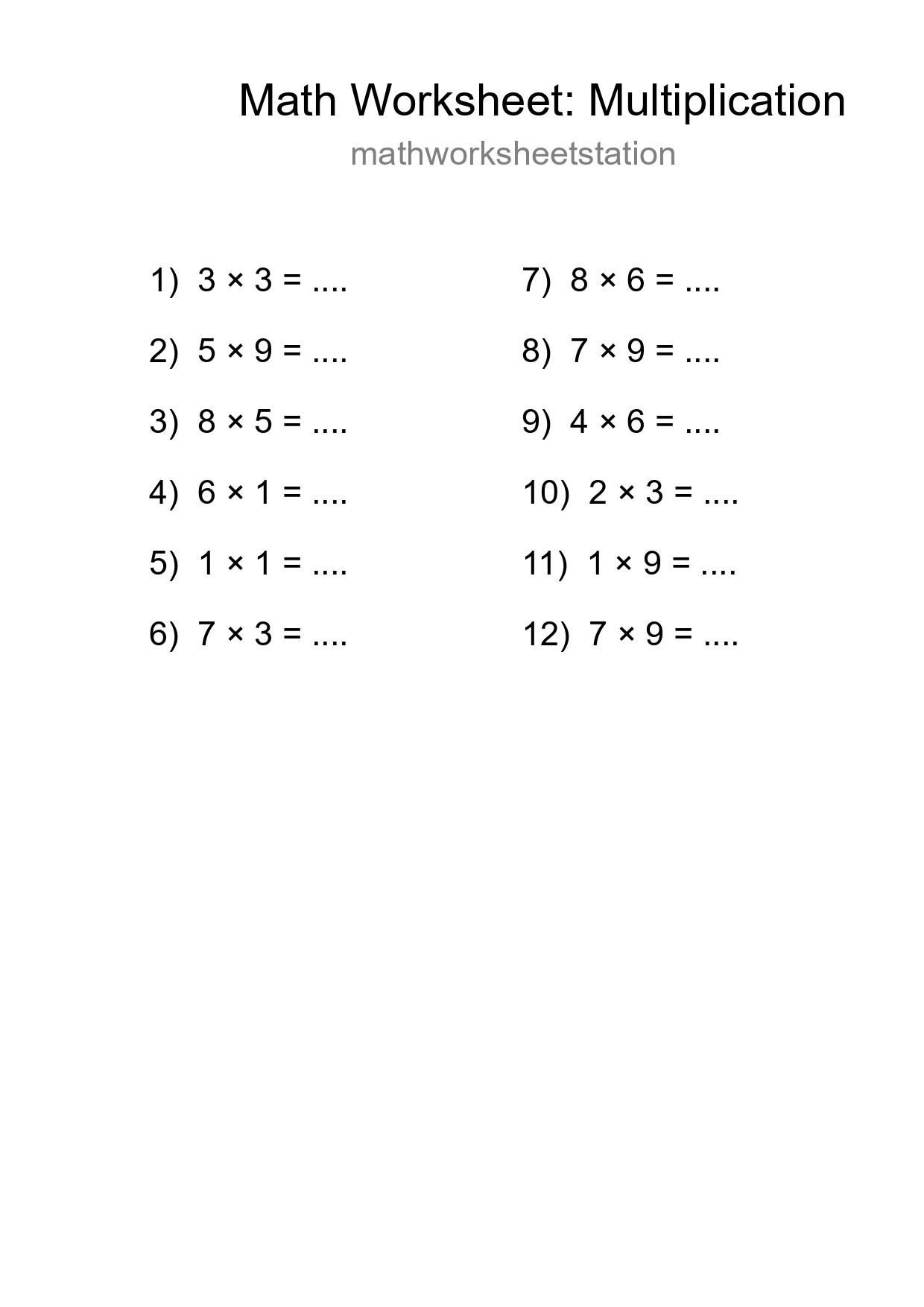 Free 12 Multiplication Math Worksheet For Grade 1 With Answers - Part 47