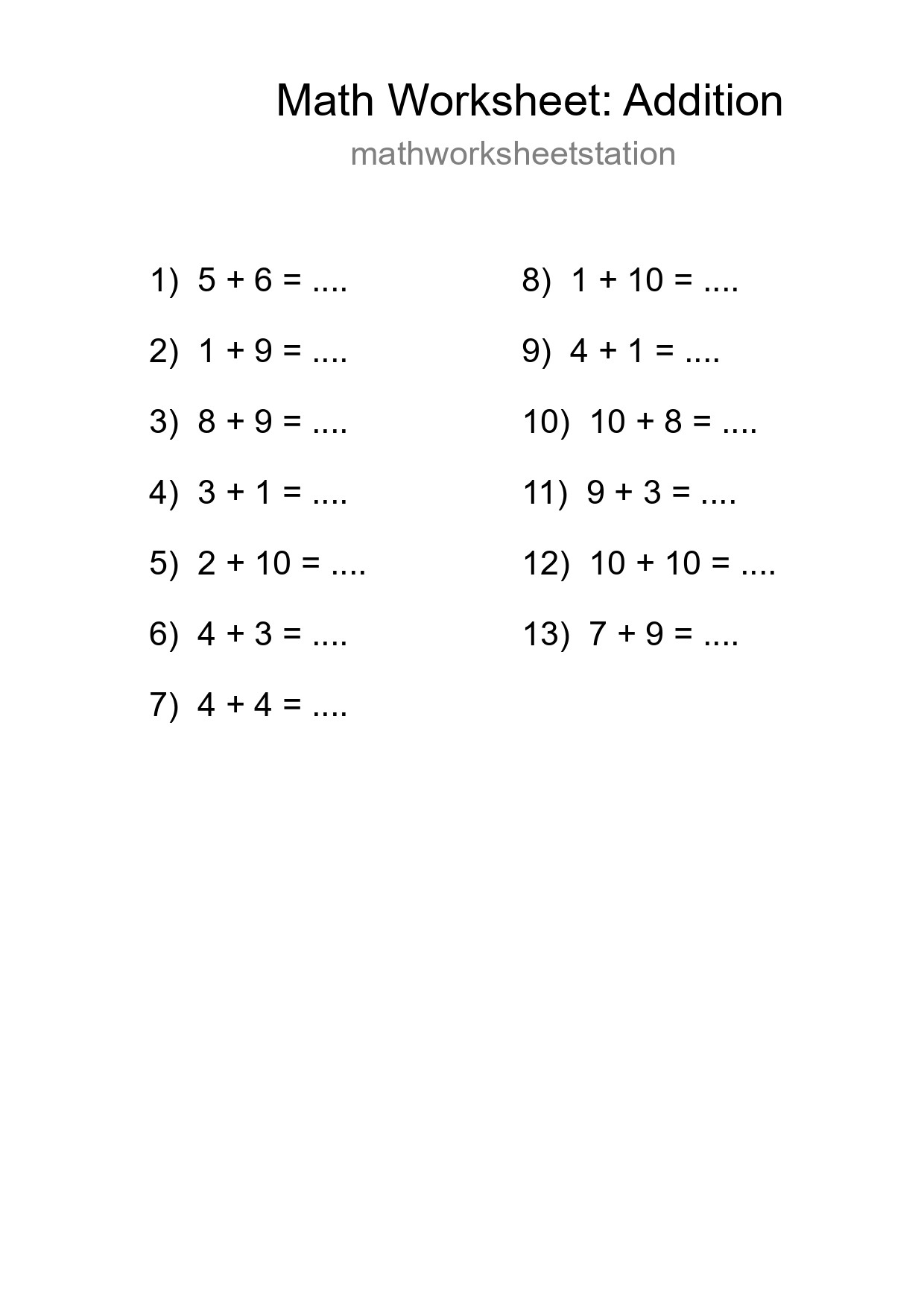 Free 13 Addition Math Worksheet For Grade 1 With Answers - Part 41