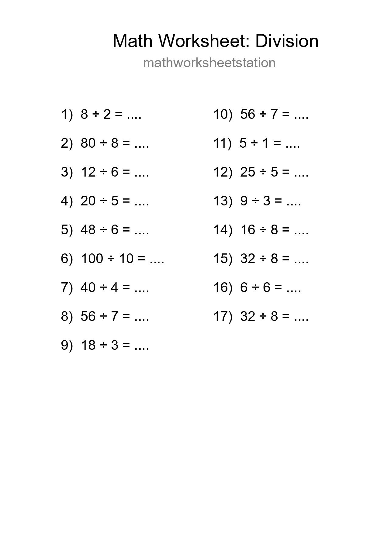 Free 17 Division Math Worksheet For Grade 1 With Answers - Part 74
