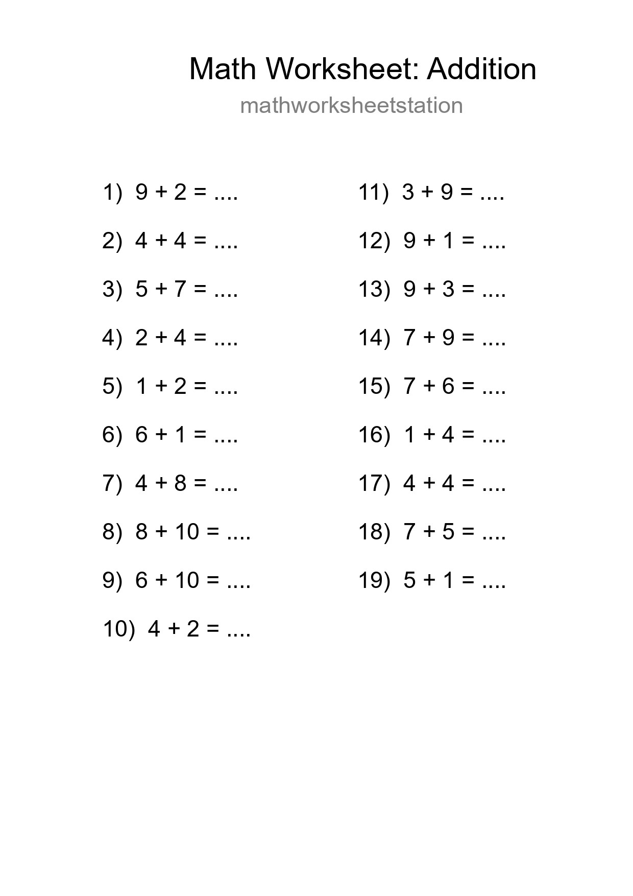Free 19 Addition Math Worksheet For Grade 1 - Part 221