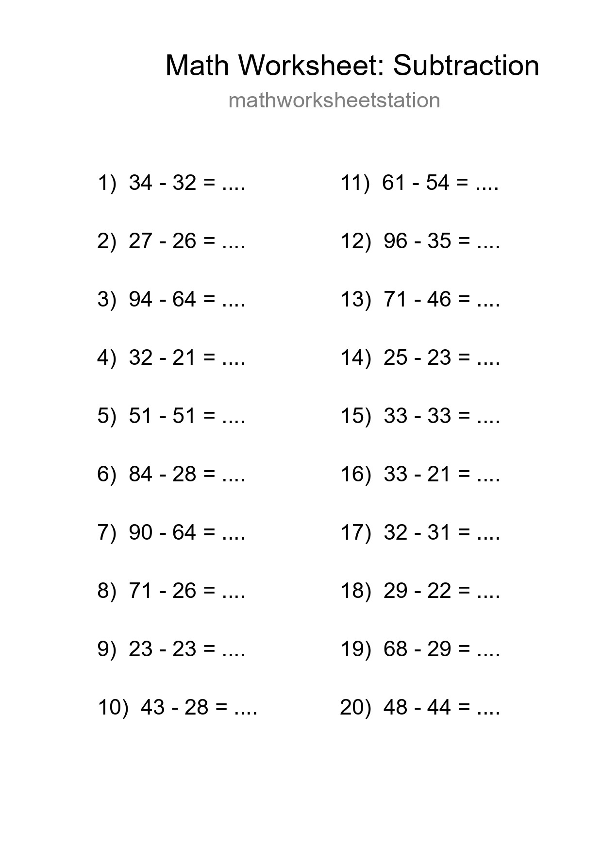 Free 20 Subtraction Math Worksheet For Grade 3 - Part 88