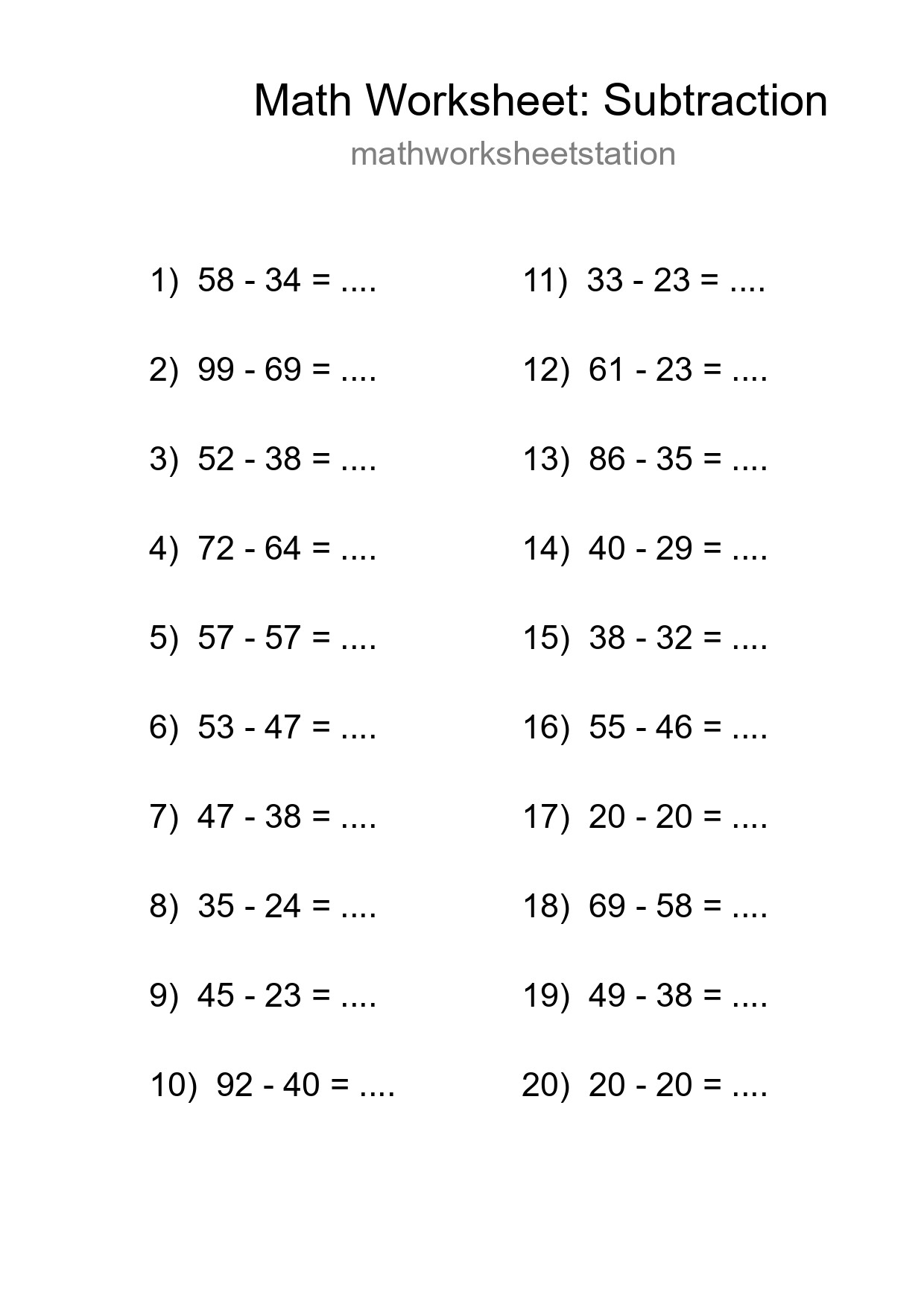 Free 20 Subtraction Math Worksheet For Grade 3 With Answers - Part 218