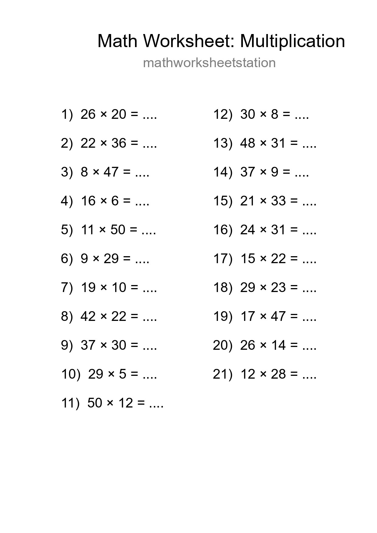 Free 21 Multiplication Math Worksheet For Grade 2 With Answers - Part 267