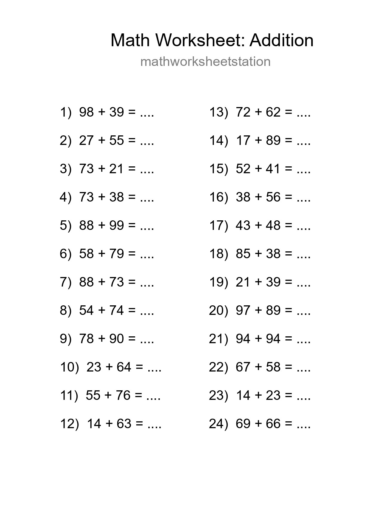 Free 24 Addition Math Worksheet For Grade 3 With Answers - Part 61