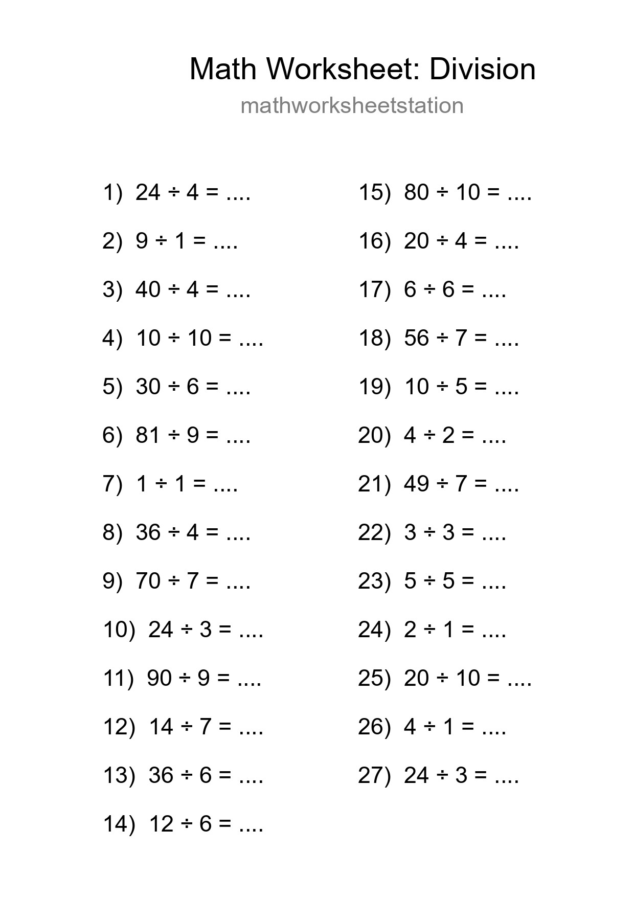Free 27 Division Math Worksheet For Grade 1 With Answers - Part 4