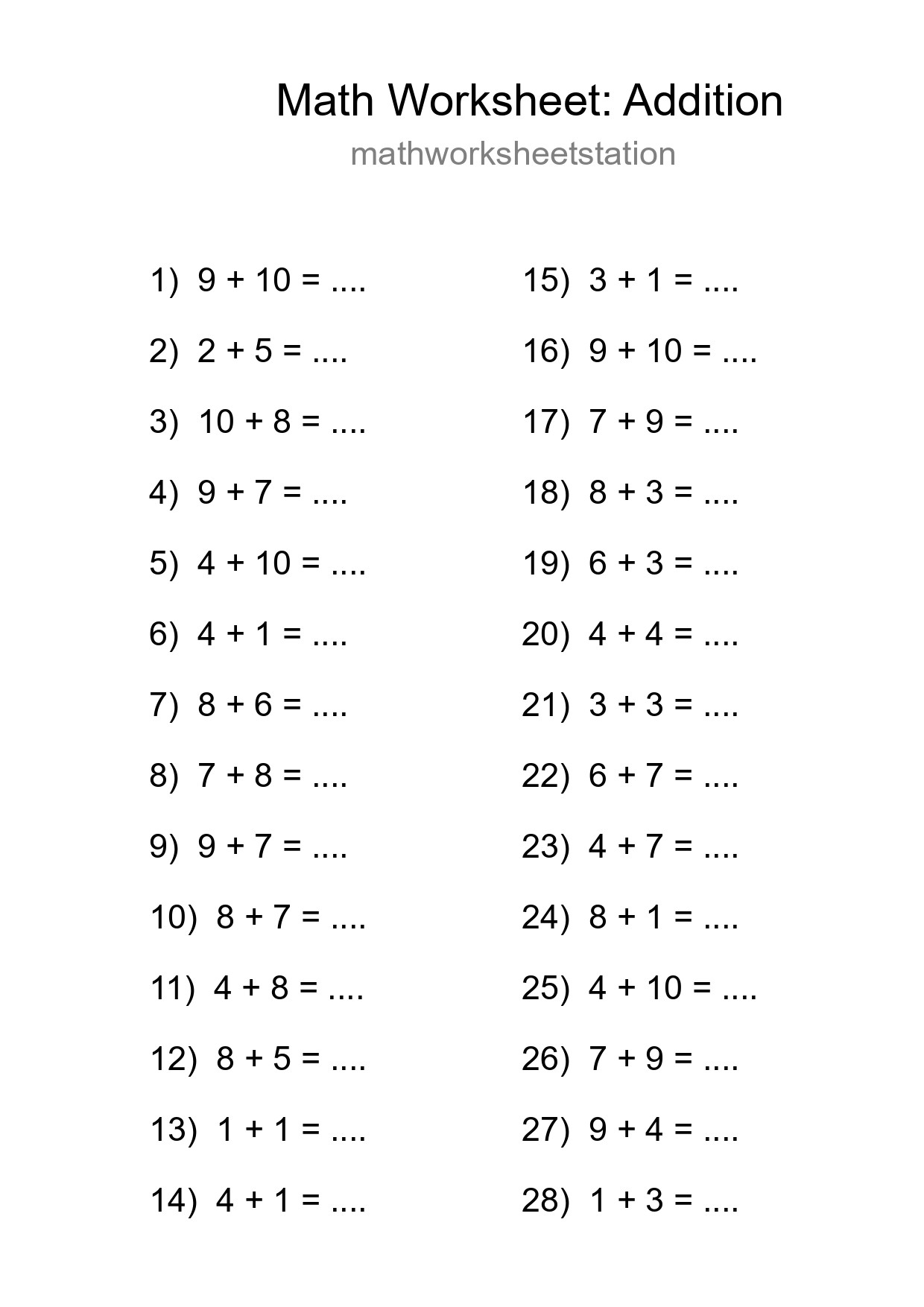 Free 28 Addition Math Worksheet For Grade 1 With Answers - Part 281