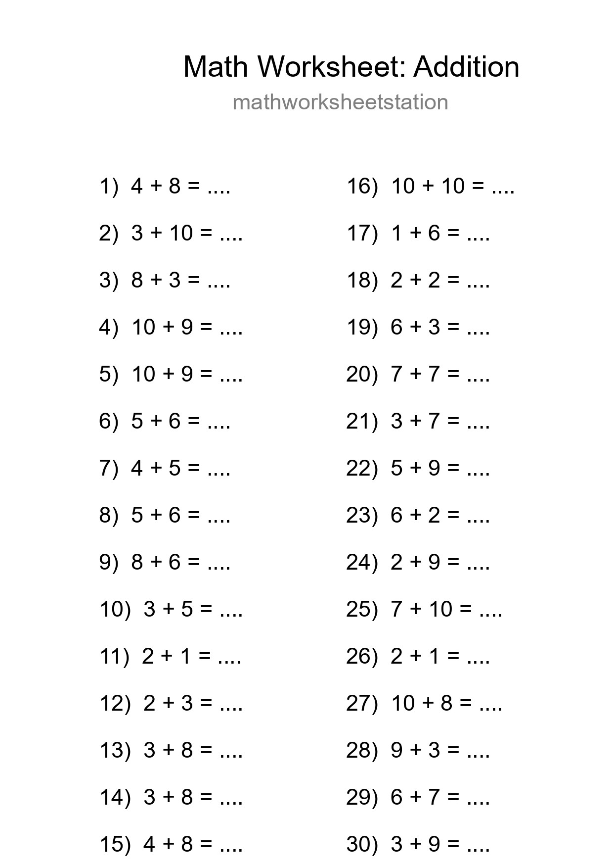 Free 30 Addition Math Worksheet For Grade 1 With Answers - Part 201