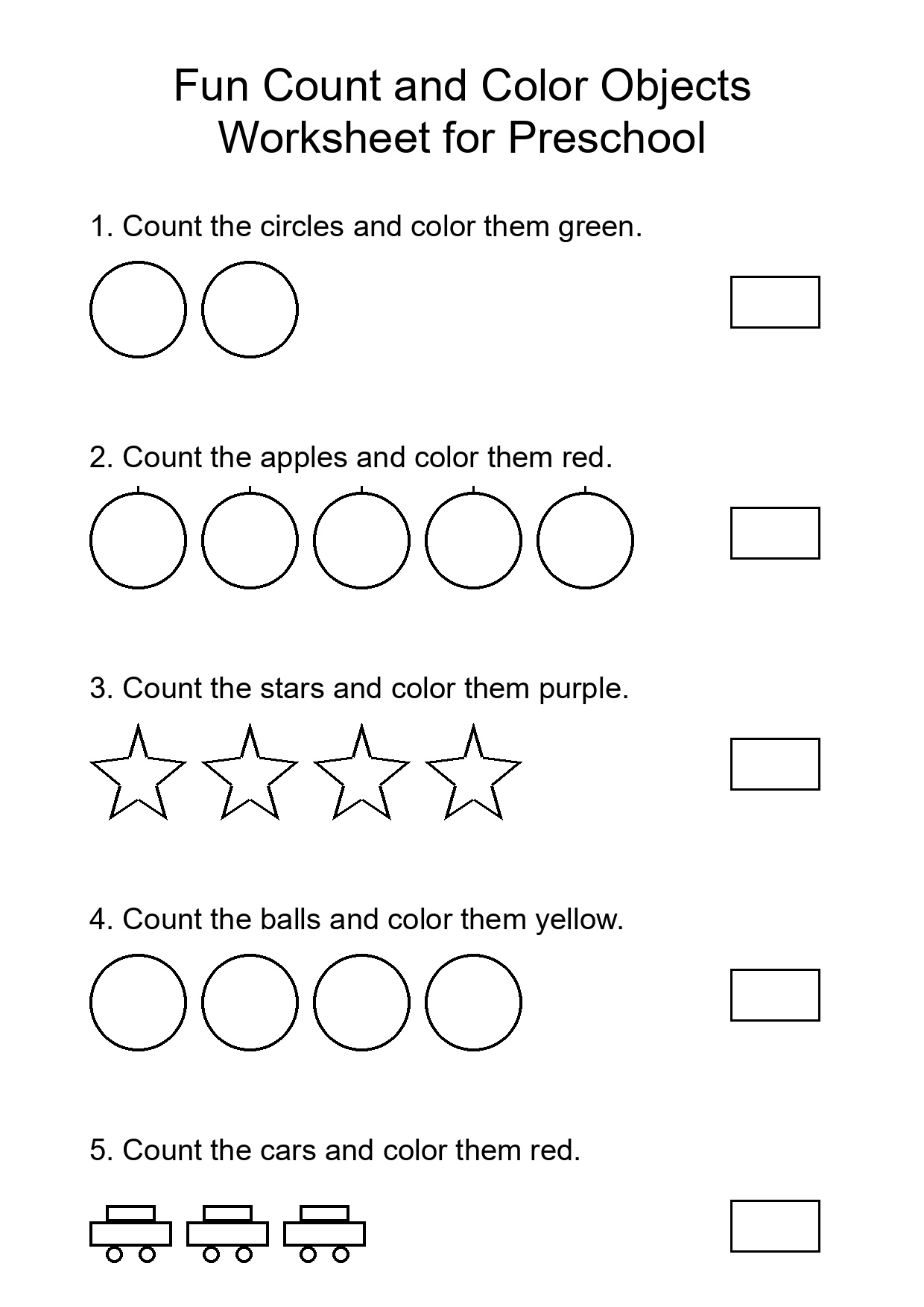 Fun Count and Color Objects Worksheet for Preschool