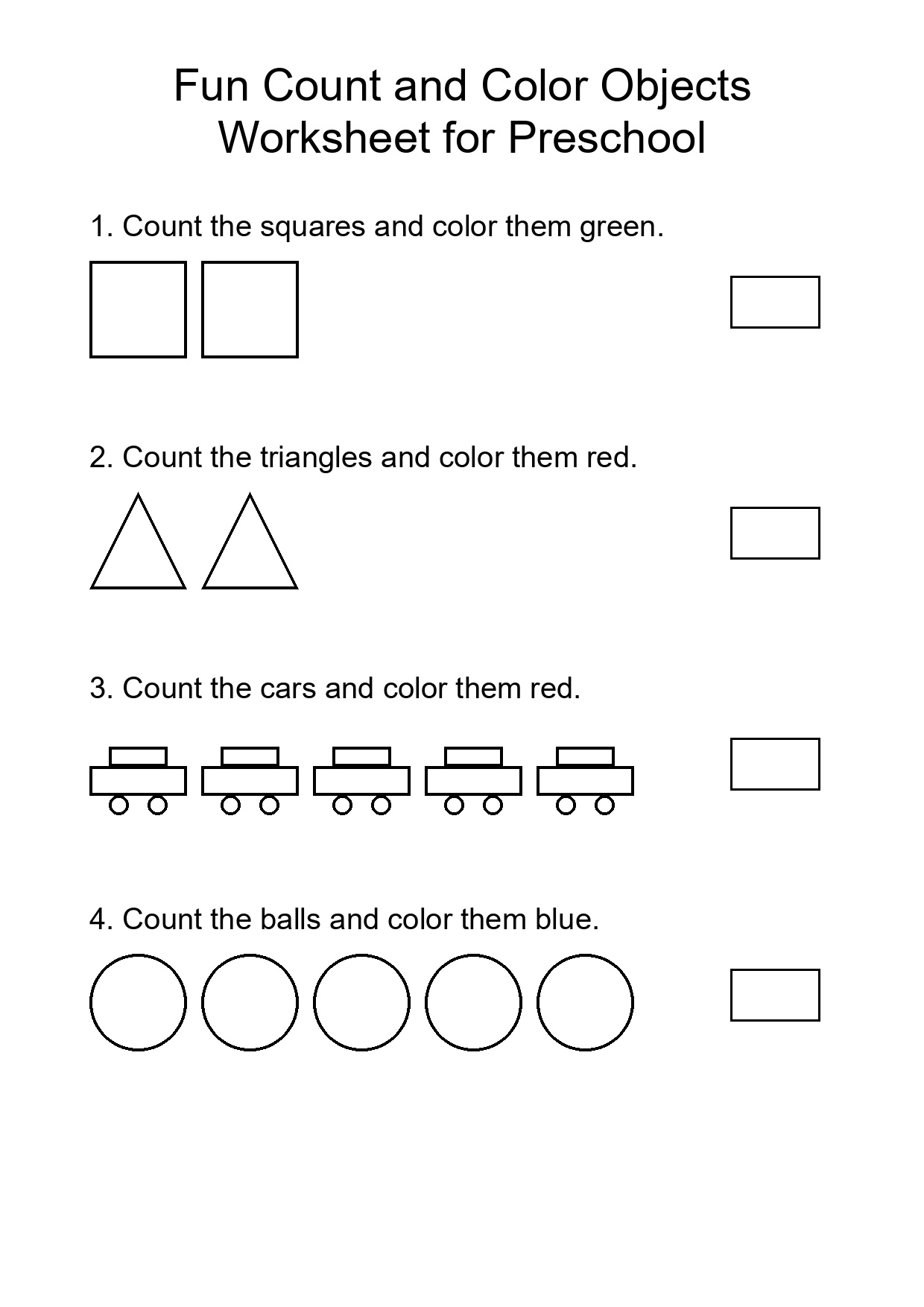 Fun Count and Color Objects Worksheet for Preschool