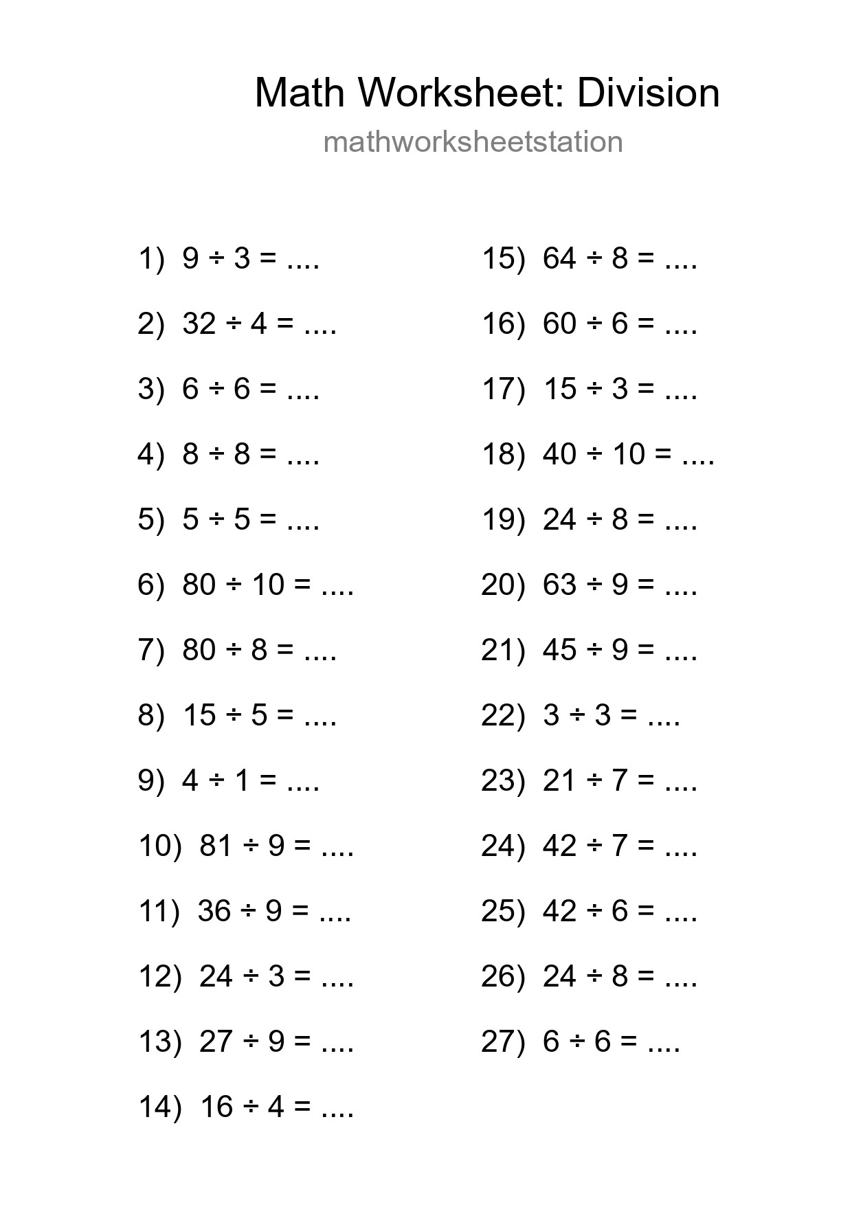 Grade 1 Division Practice Worksheet (27 Problems) - Part 14