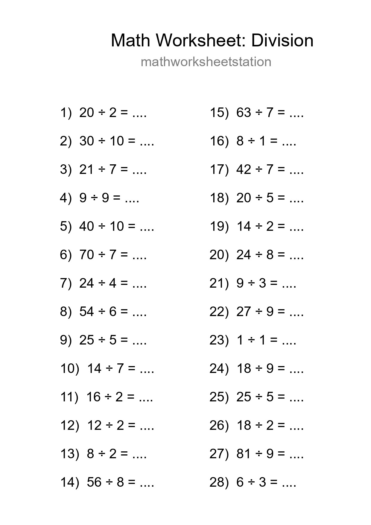 Grade 1 Division Practice Worksheet (28 Problems) - Part 174