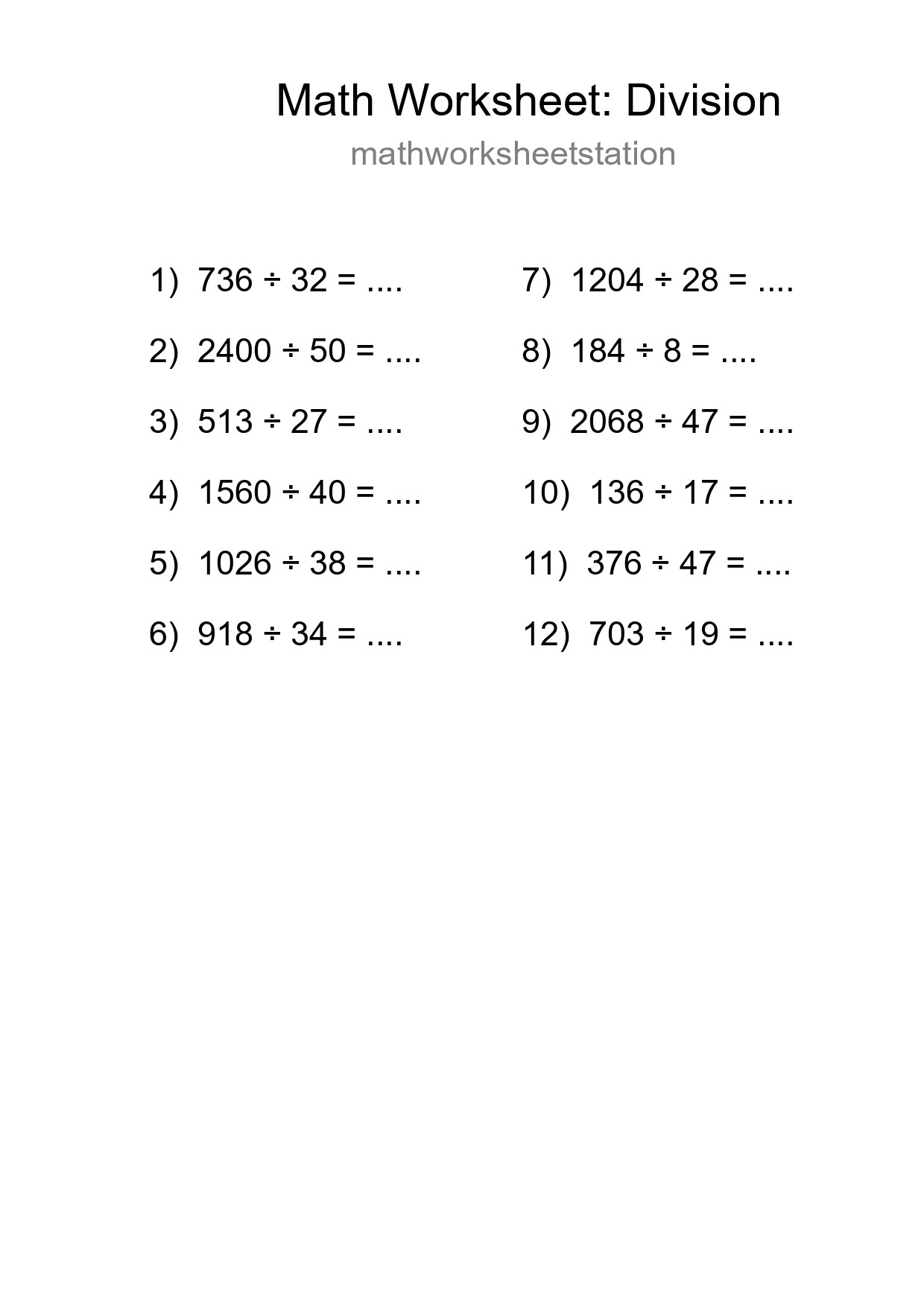 Grade 2 Division Practice Worksheet (12 Problems) - Part 34