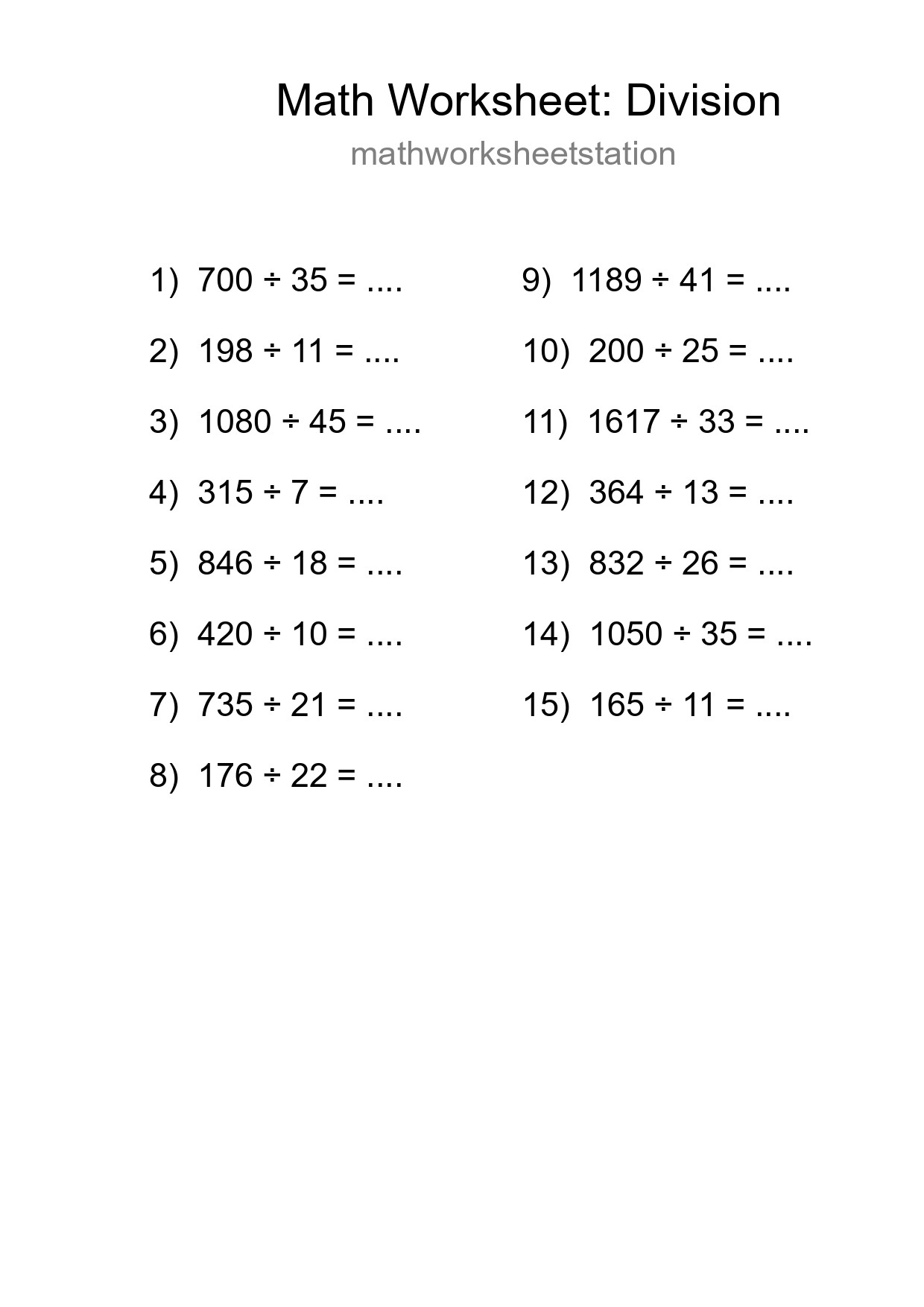 Grade 2 Division Practice Worksheet (15 Problems) - Part 164