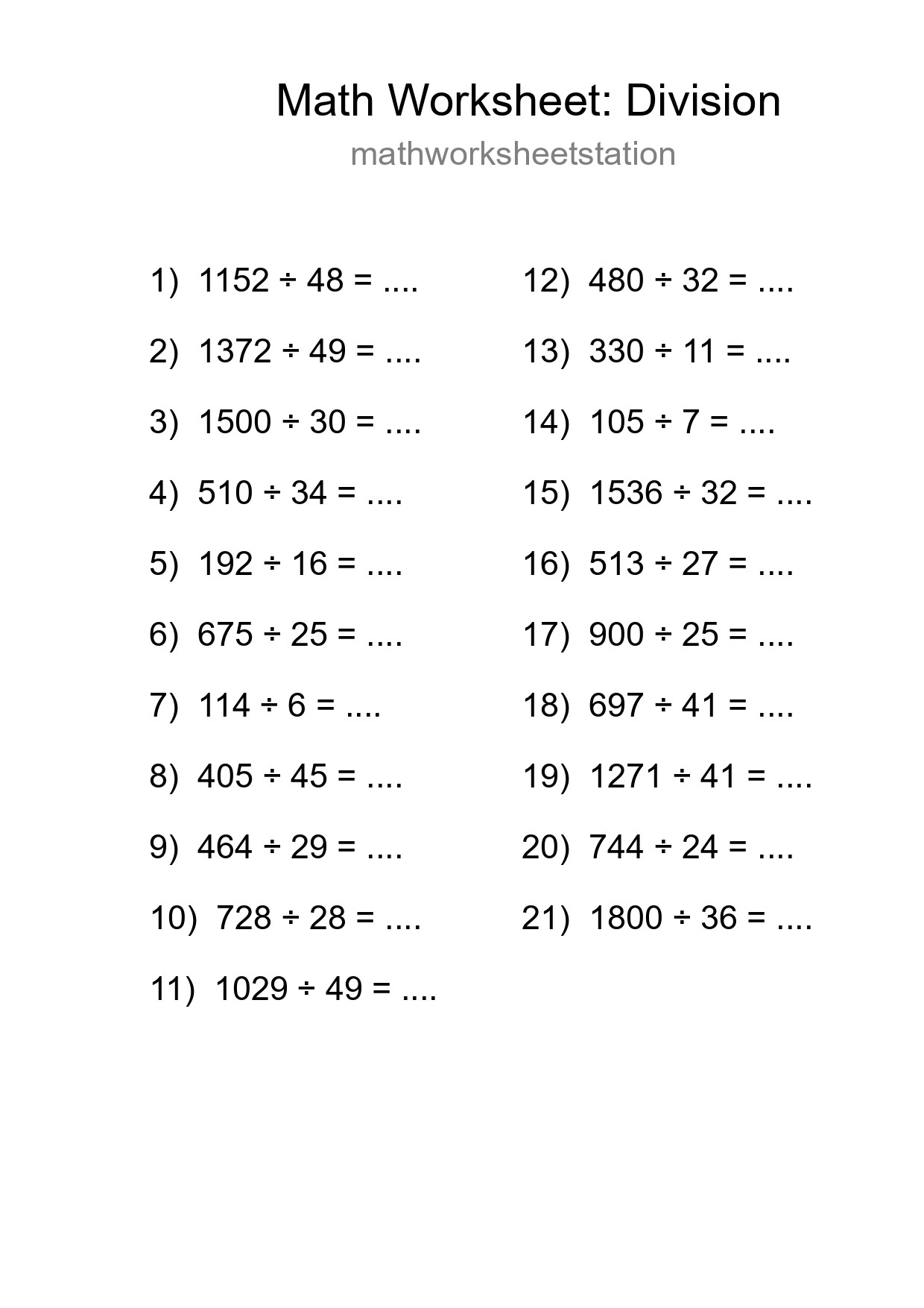 Grade 2 Division Practice Worksheet (21 Problems) - Part 234