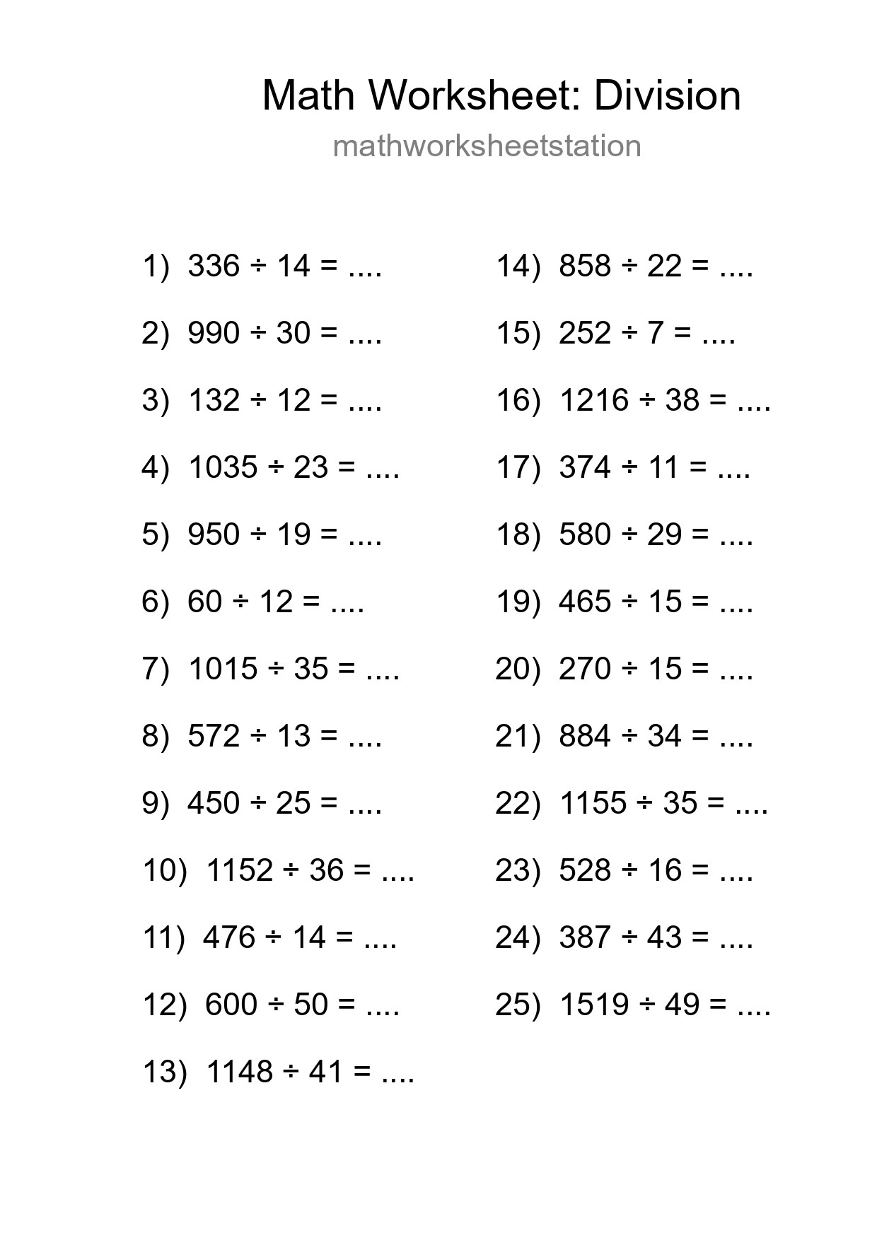 Grade 2 Division Practice Worksheet (25 Problems) - Part 214