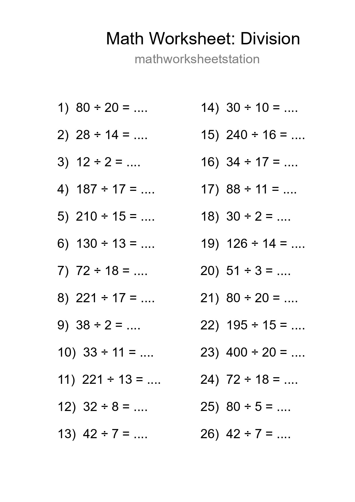 Grade 2 Division Practice Worksheet (26 Problems) - Part 244
