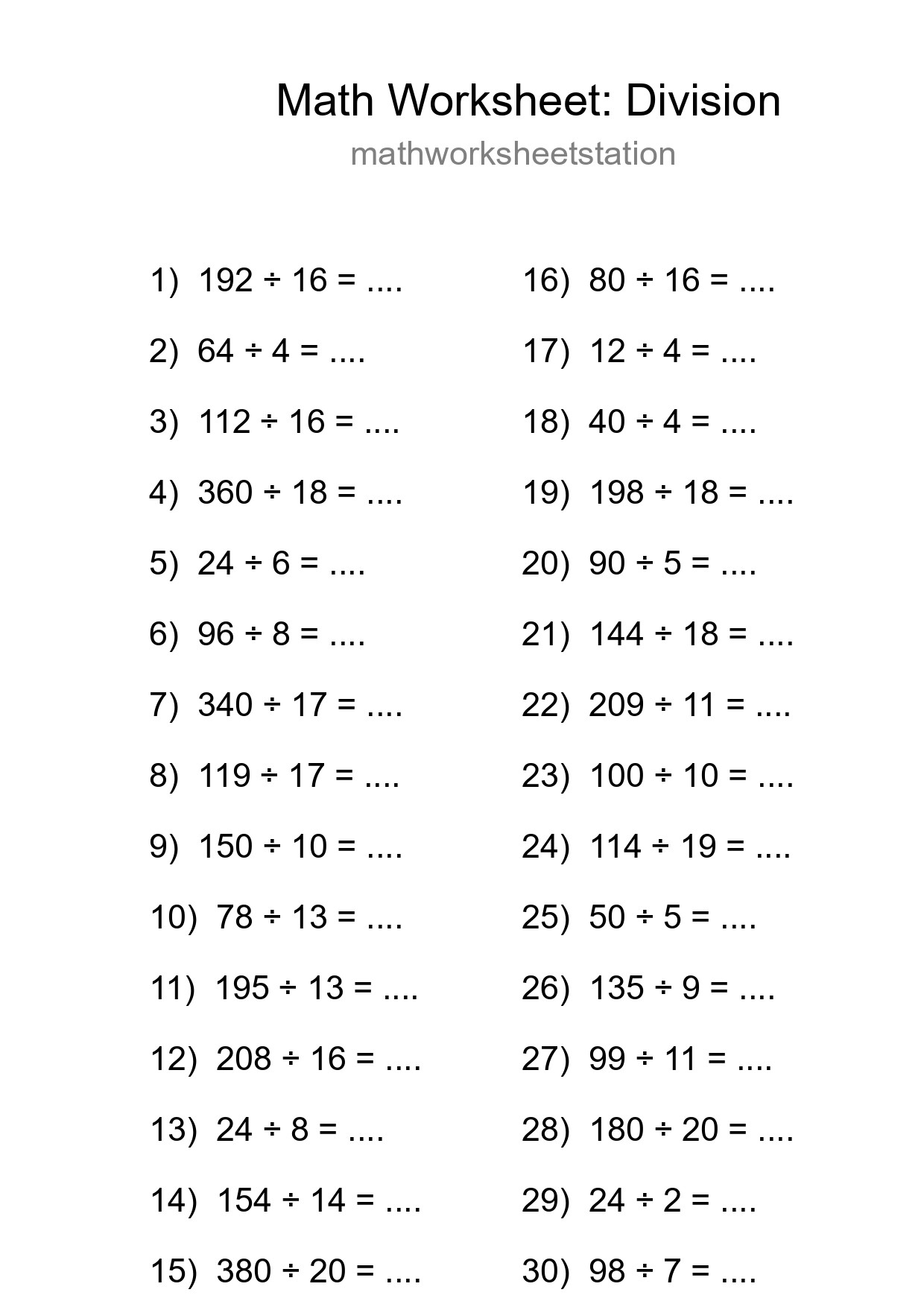 Grade 2 Division Practice Worksheet (30 Problems) - Part 24