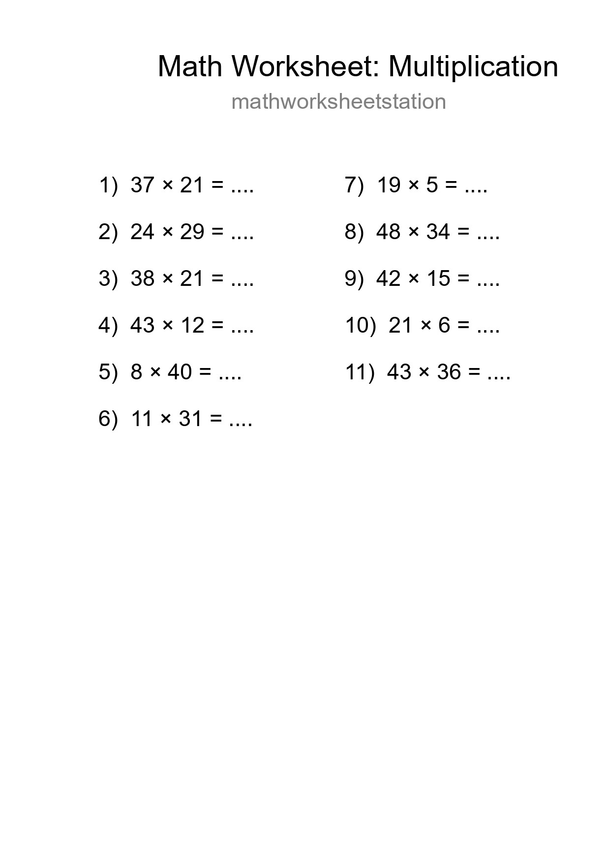 Grade 2 Multiplication Practice Worksheet (11 Problems) - Part 17