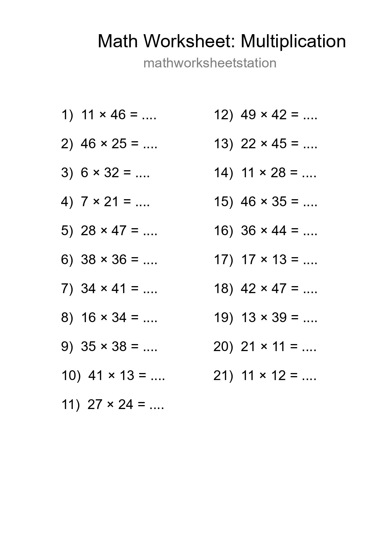 Grade 2 Multiplication Practice Worksheet (21 Problems) - Part 117