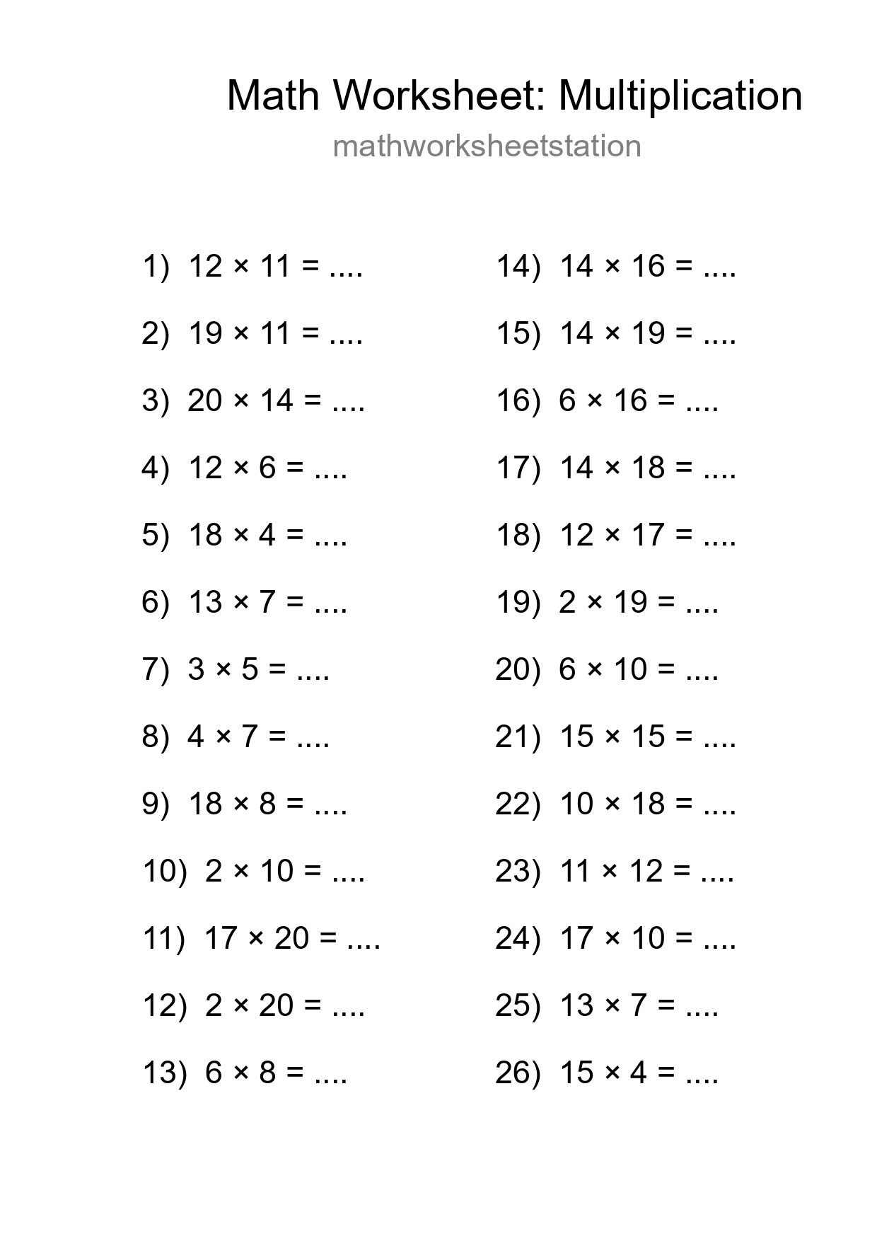 Grade 2 Multiplication Practice Worksheet (26 Problems) - Part 137
