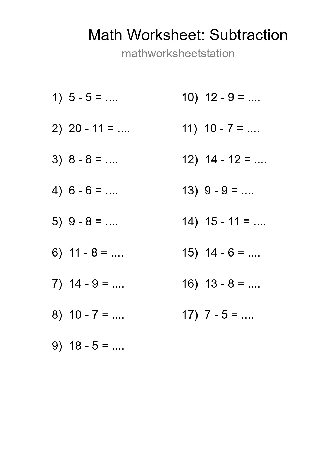 Grade 2 Subtraction Practice Worksheet (17 Problems) - Part 208