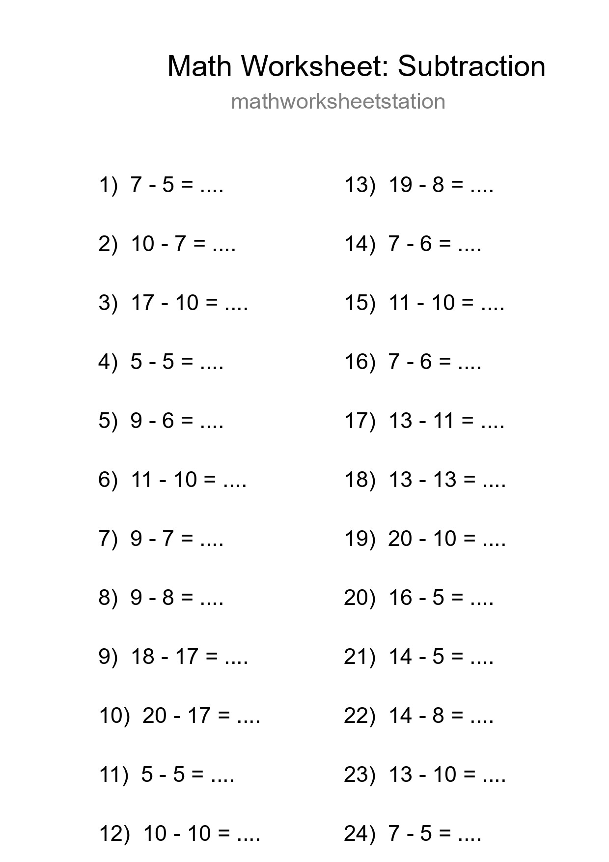 Grade 2 Subtraction Practice Worksheet (24 Problems) - Part 278