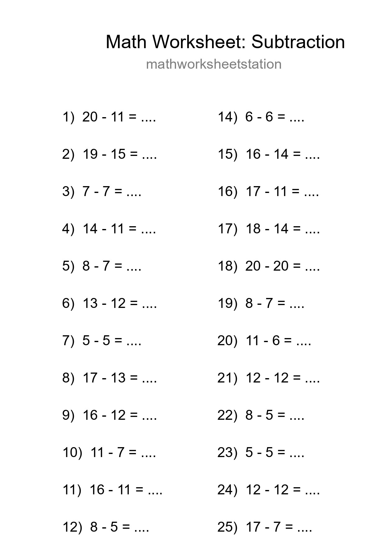 Grade 2 Subtraction Practice Worksheet (25 Problems) - Part 58