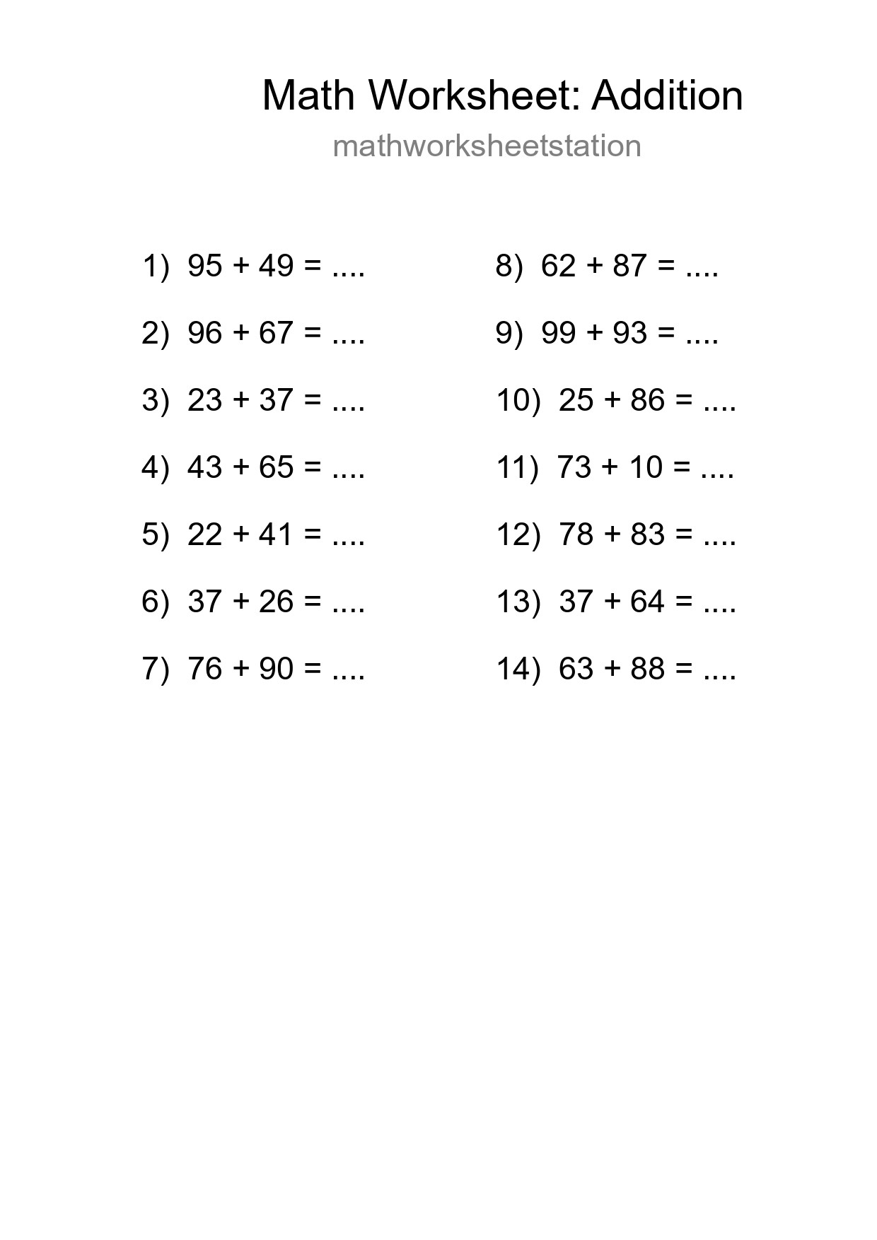Grade 3 Addition Practice Worksheet (14 Problems) - Part 131