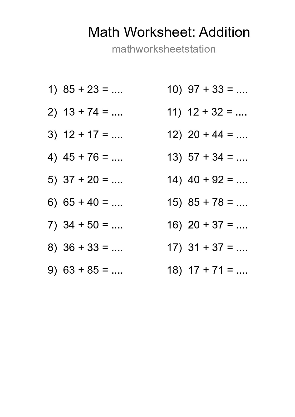 Grade 3 Addition Practice Worksheet (18 Problems) - Part 161