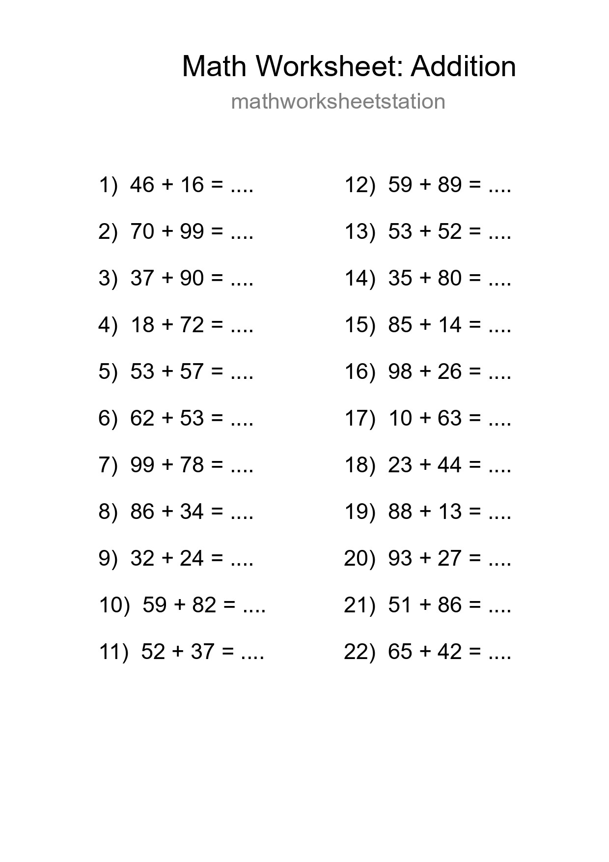 Grade 3 Addition Practice Worksheet (22 Problems) - Part 141