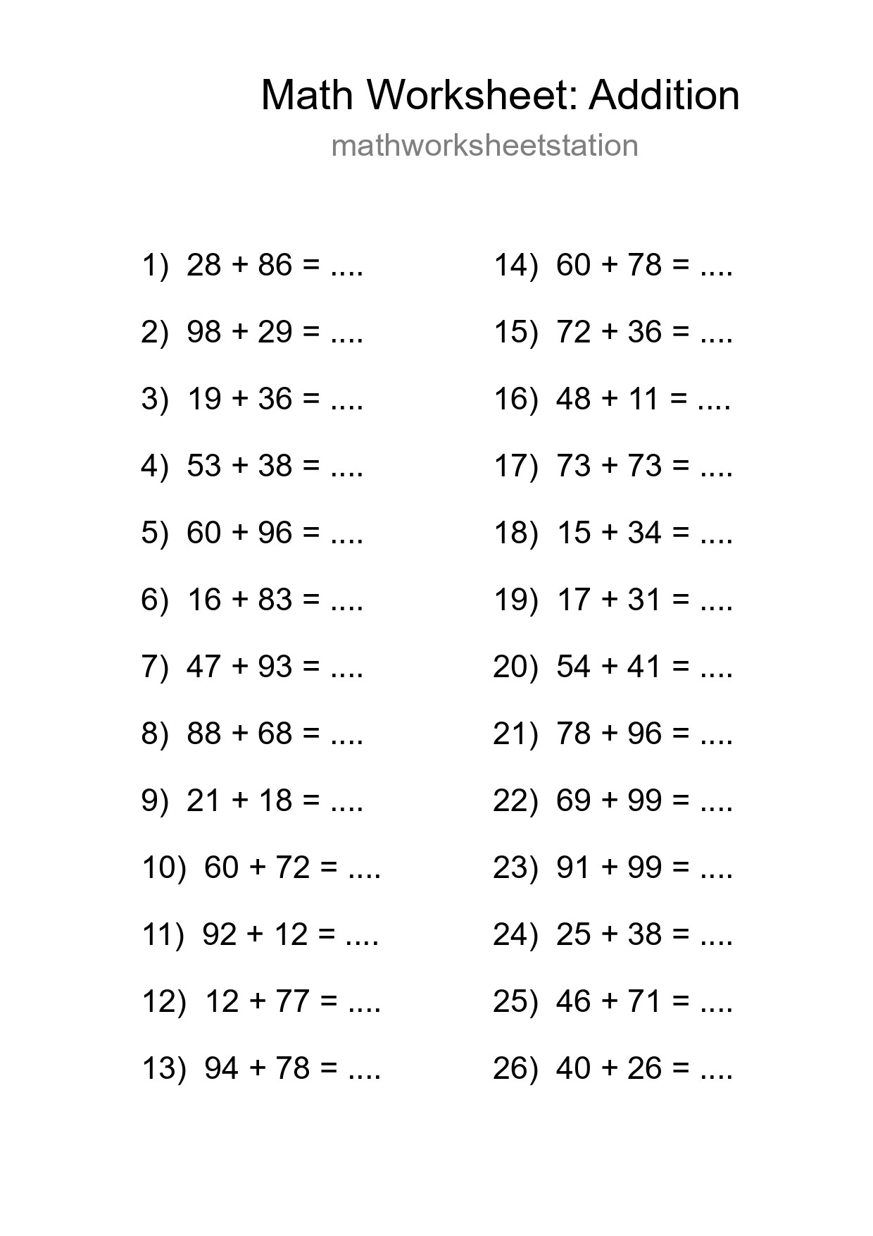 Grade 3 Addition Practice Worksheet (26 Problems) - Part 81