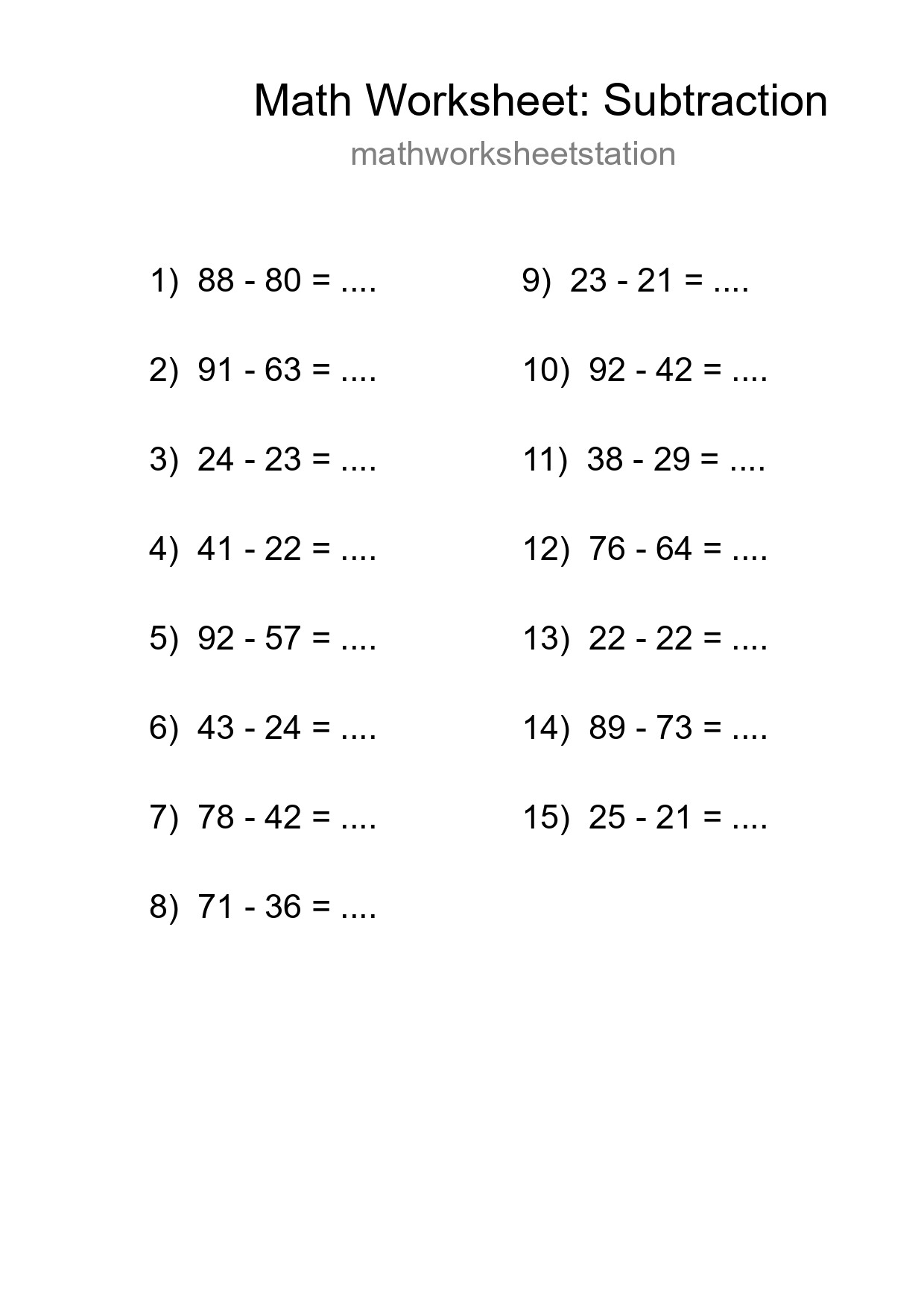 Grade 3 Subtraction Practice Worksheet (15 Problems) - Part 168