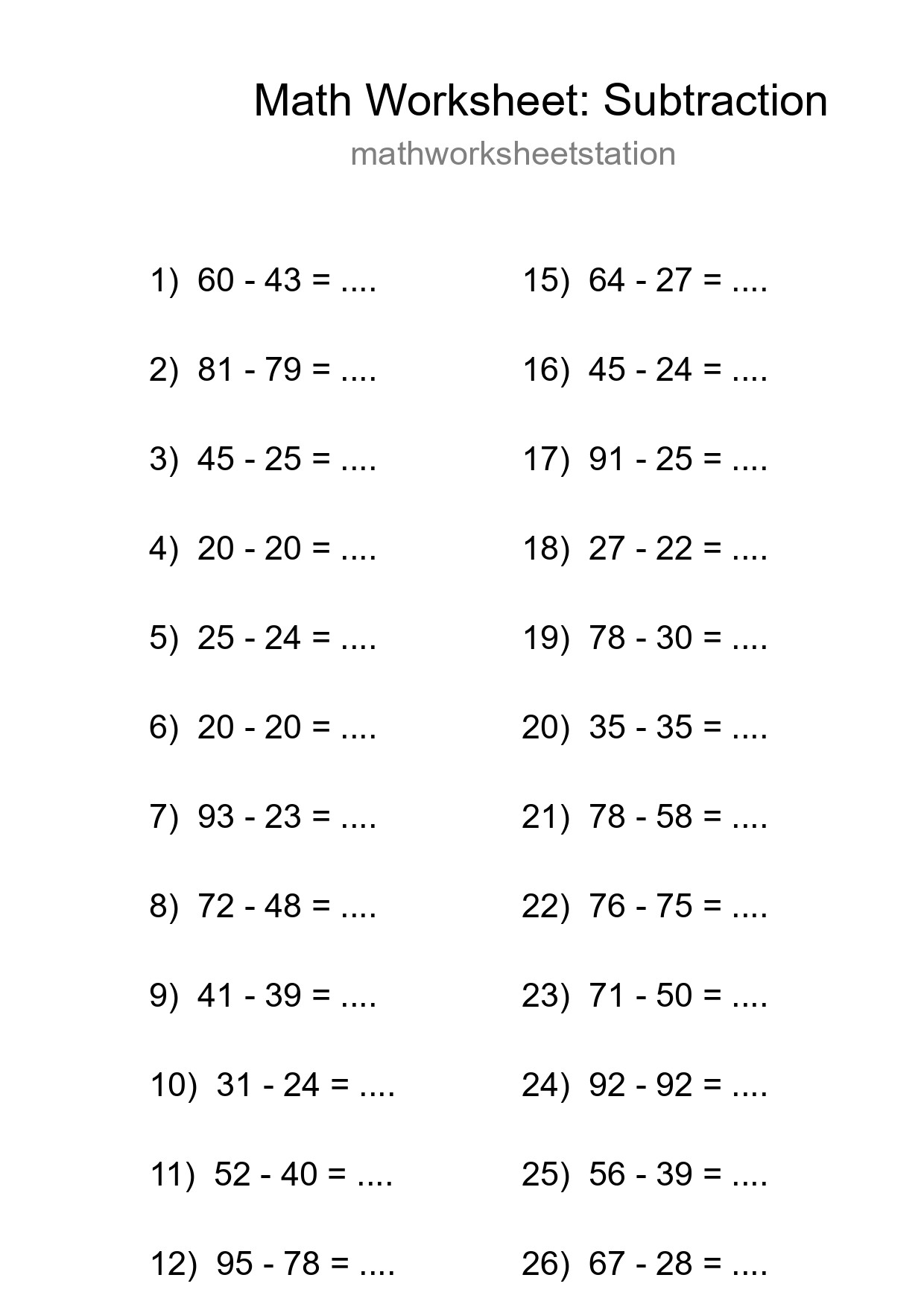 Grade 3 Subtraction Practice Worksheet (28 Problems) - Part 268