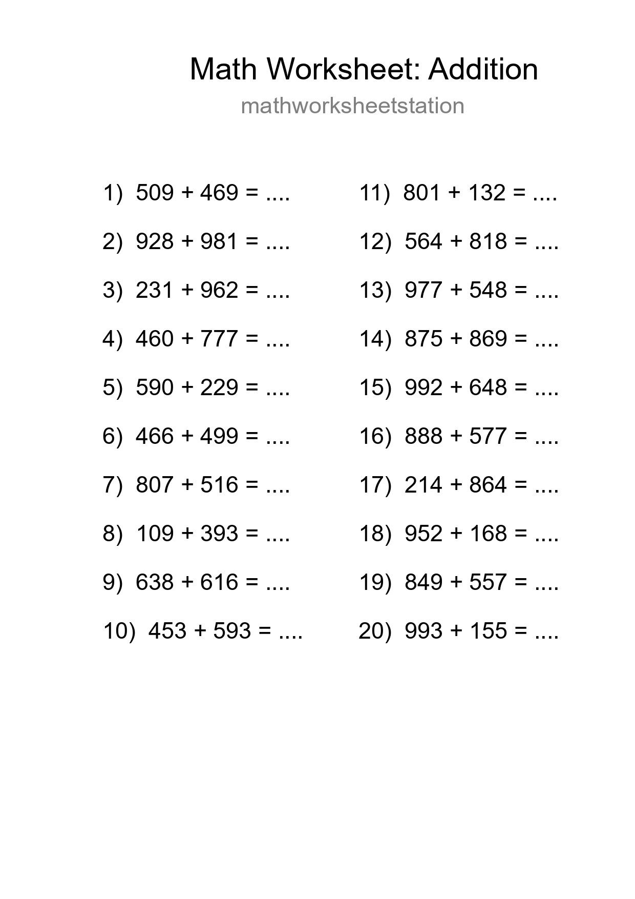 Grade 5 Addition Practice Worksheet (20 Problems) - Part 231