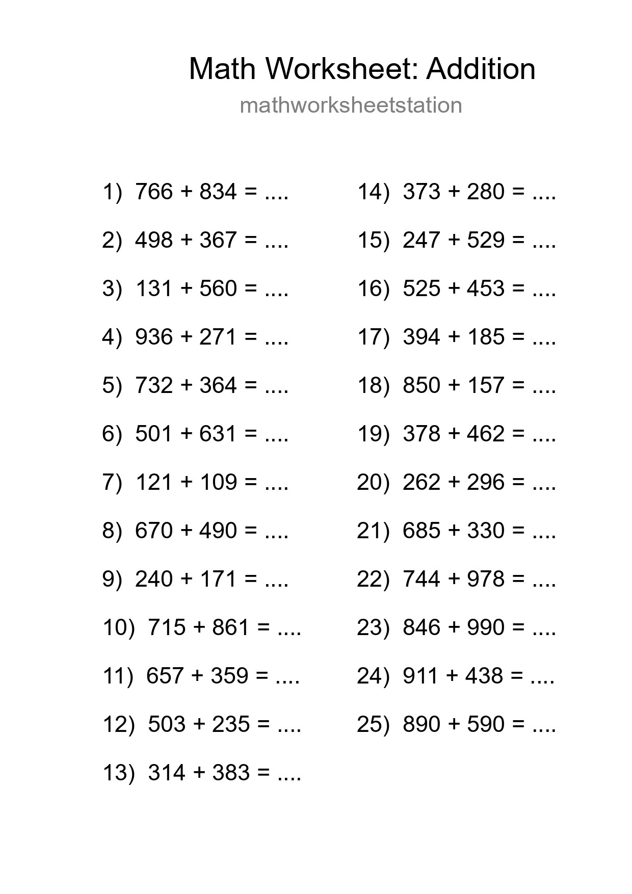Grade 5 Addition Practice Worksheet (25 Problems) - Part 251