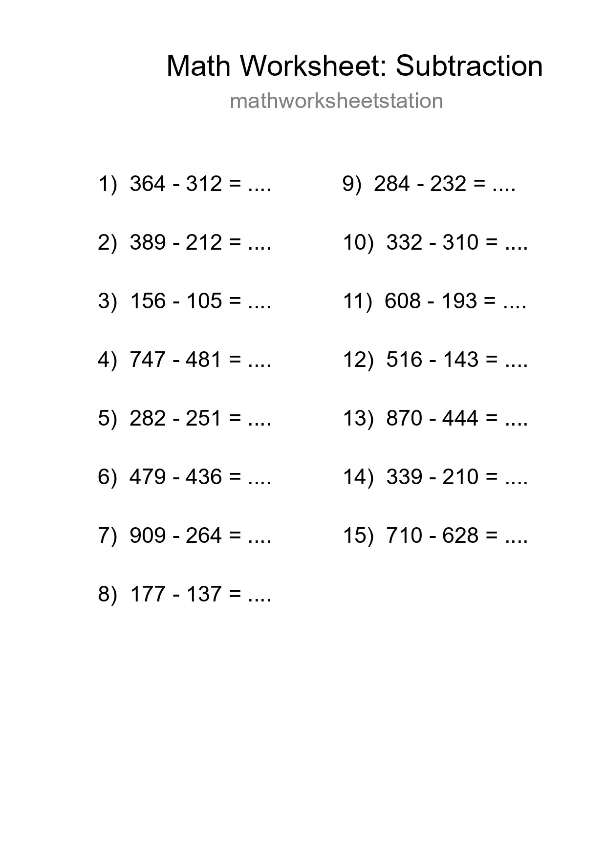 Grade 5 Subtraction Practice Worksheet (15 Problems) - Part 28