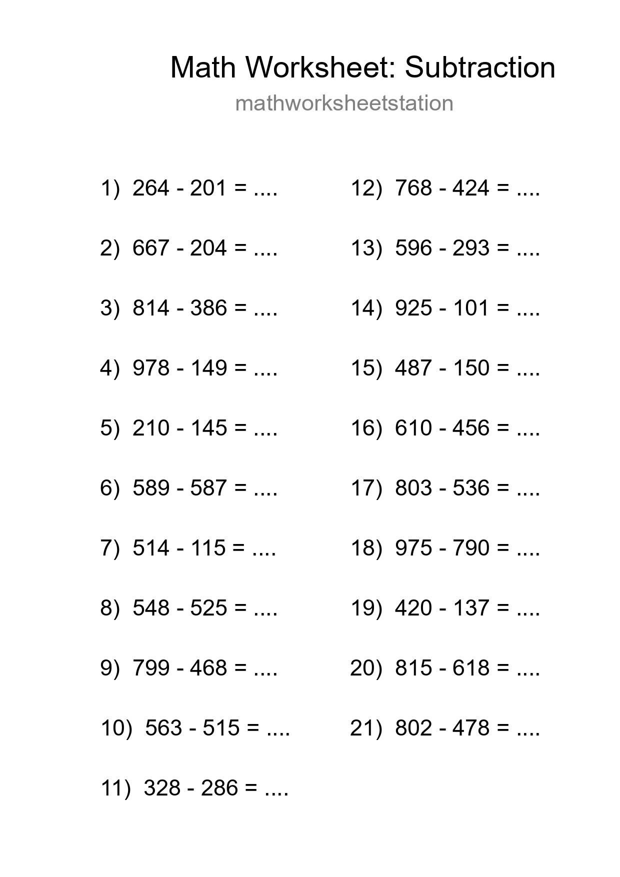 Grade 5 Subtraction Practice Worksheet (21 Problems) - Part 198