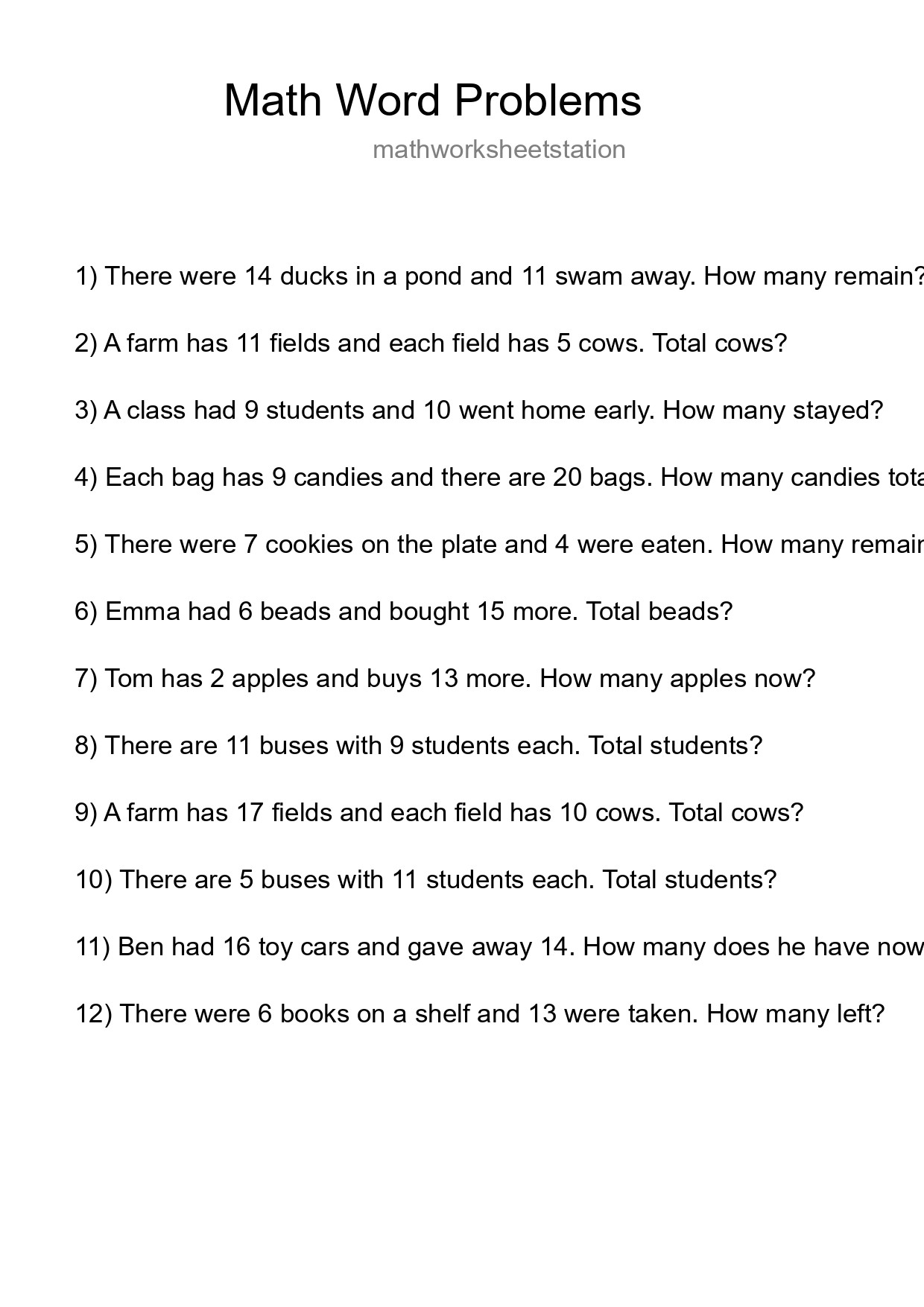 Math Word Problem Worksheet